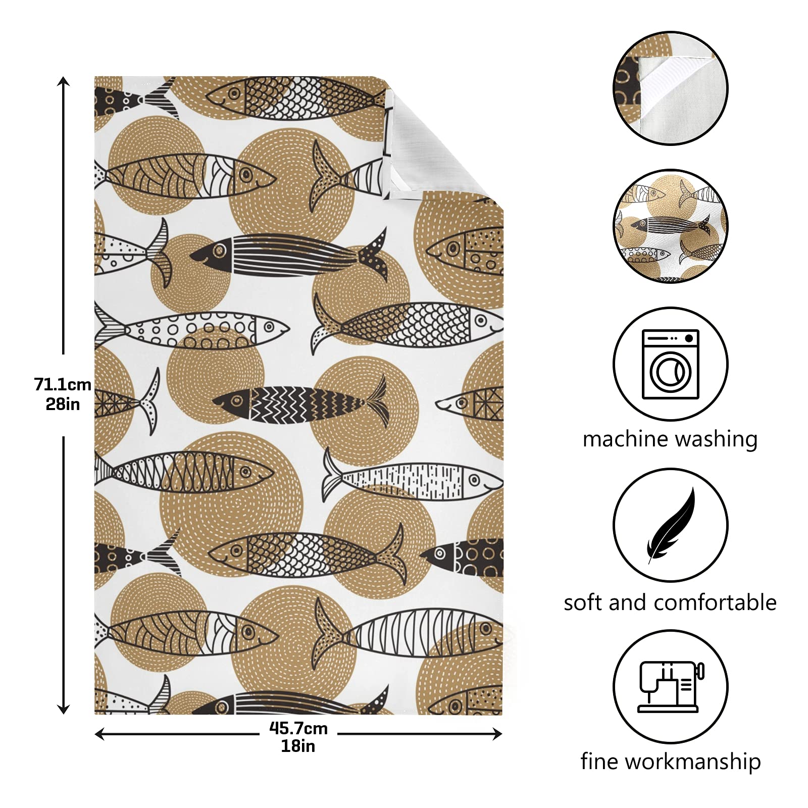 Poeticcity Handmade Tribal Fish Design Kitchen Dish Towel - Set of 1 Brown Ethnic Waffle Weave Dishcloth with Hanging Loop, Polyester Tea Towel for Drying Dishes, Bar Mop & Counter Cleaning | Perfect for Farmhouse, Boho & Coastal Kitchen Decor