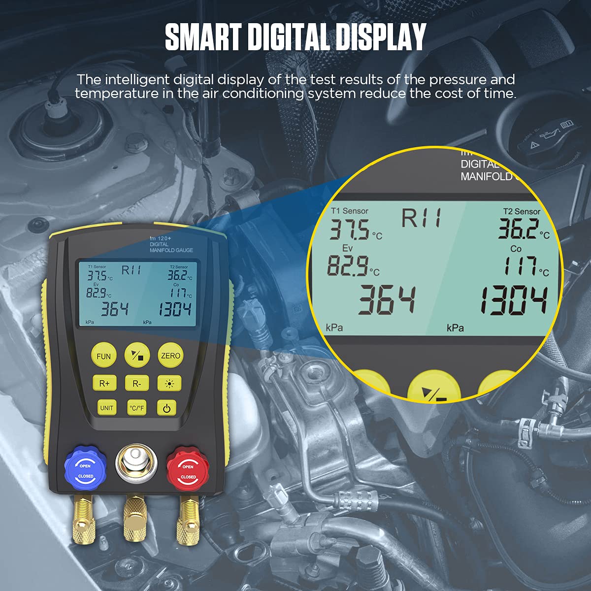 PLAYOCCAR Digital HVAC Manifold Gauge Kit - Professional Refrigeration Vacuum Pressure Temperature Leak Tester Set for AC, Refrigerator & Cooling Systems Maintenance - Includes Test Clip & Pipe - Ideal for HVAC Technicians & DIY Home Repairs