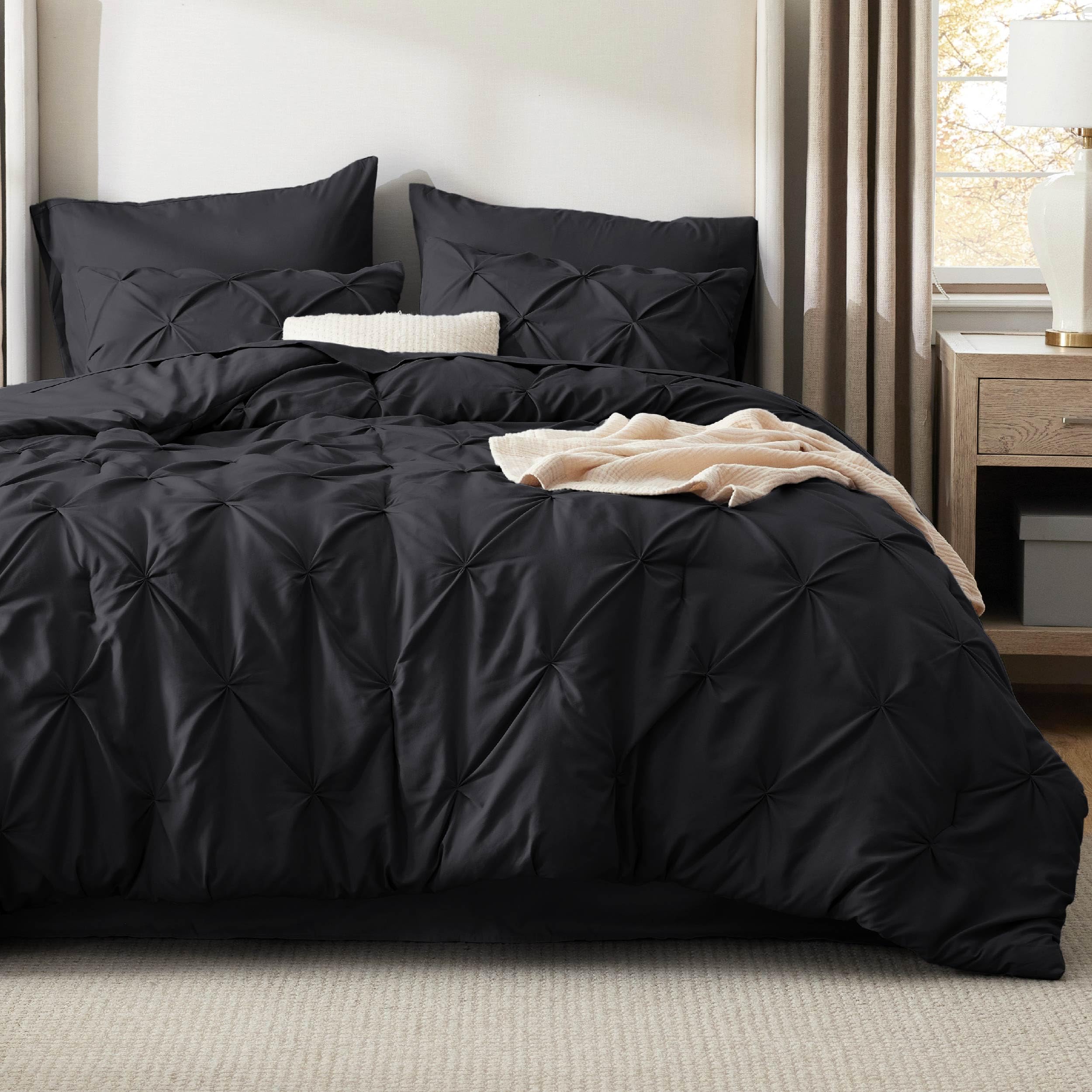 Bedsure King Size Comforter Set - 7 Piece Black Pinch Pleat Bedding Set with Sheets, Pillowcases & Shams | Ultra Soft GentleSoft™ Pintuck Design | Luxury Bed in a Bag for Master Bedroom, Guest Room & Dorm | Perfect Gift for Family & Friends