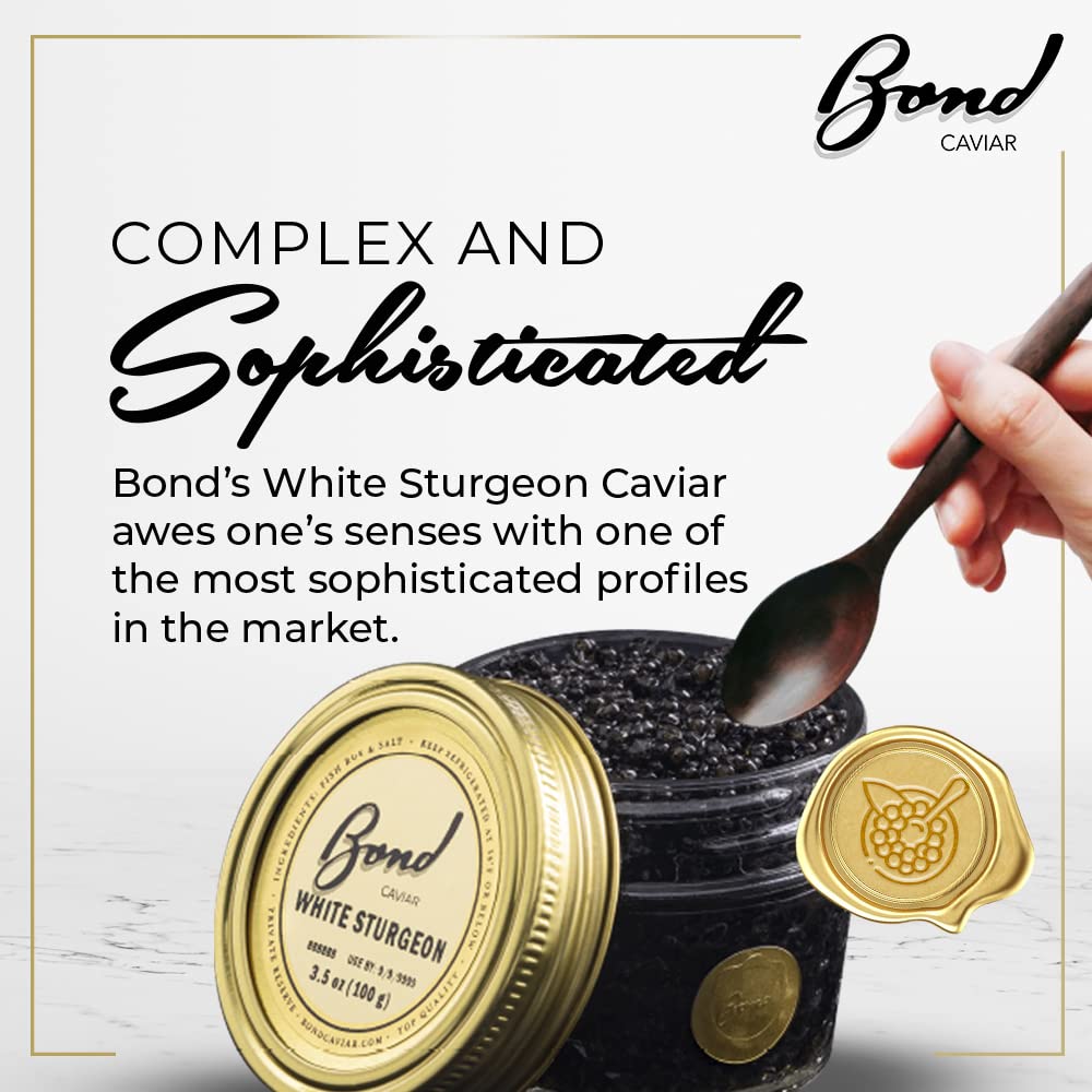 Premium White Sturgeon Caviar - Gourmet Black Caviar Roe with Glossy Golden Pearls, Malossol-Cured with Sea Salt | 3.5oz (100g) Glass Jar | Overnight Shipping | Perfect for Luxury Gifts, Fine Dining, Weddings & Special Occasions