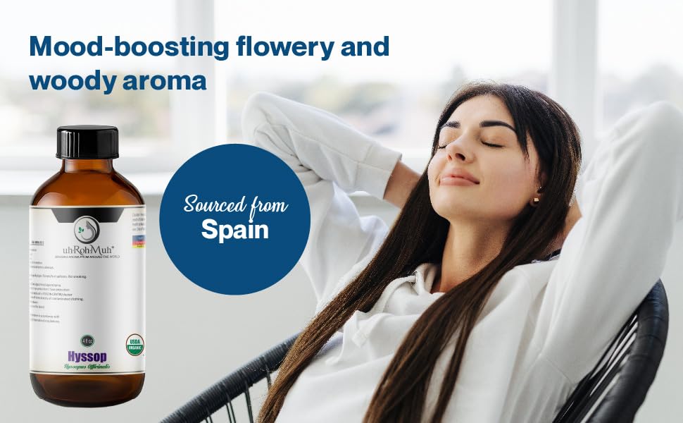 Organic Hyssop Essential Oil - 100% Pure & Natural, USDA Certified, Fresh Floral Scent with High Cineole Content (4 oz with Pipette) - Perfect for Aromatherapy, Home Diffusers, Relaxation & Skincare