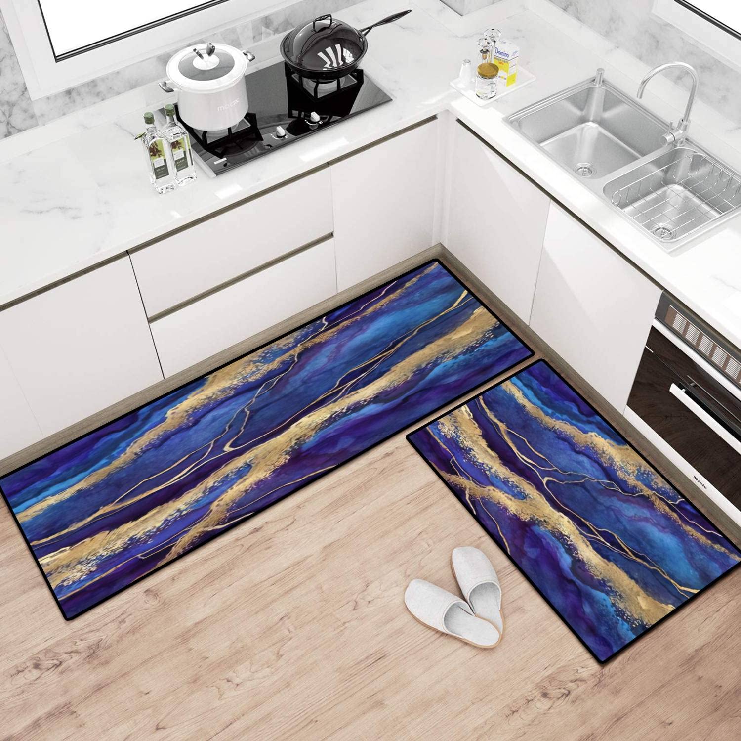 Blue Marble Texture Non-Slip Kitchen Rugs Set with Golden Glitter Veins - Washable Floor Mat, Runner & Bath Rug for Comfortable Standing - Perfect for Kitchen, Entryway, and Bathroom Decor