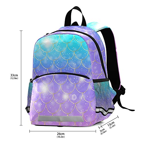 QUGRL Mermaid Fish Scales Toddler Backpack - Fantasy Galaxy School Bag for Kids 3-8 Years | Waterproof Kindergarten & Preschool Travel Backpack with Safety Leash | Perfect for Boys & Girls School, Daycare & Outdoor Adventures