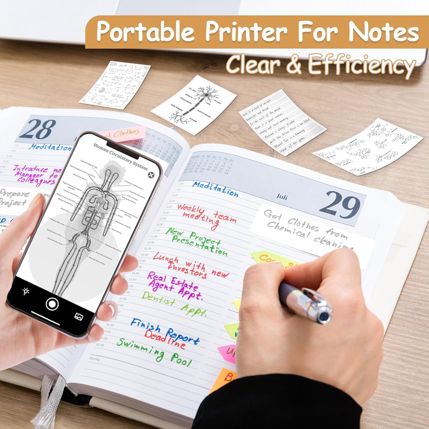 Mini Sticker Printer - Portable Thermal Printer for Phone & Tablet, 6 Roll Papers Included | Inkless Sticker Maker for Study Notes, DIY Crafts, Scrapbooking, Journals & Memos | Perfect for Students, Office & Home Organization (White)