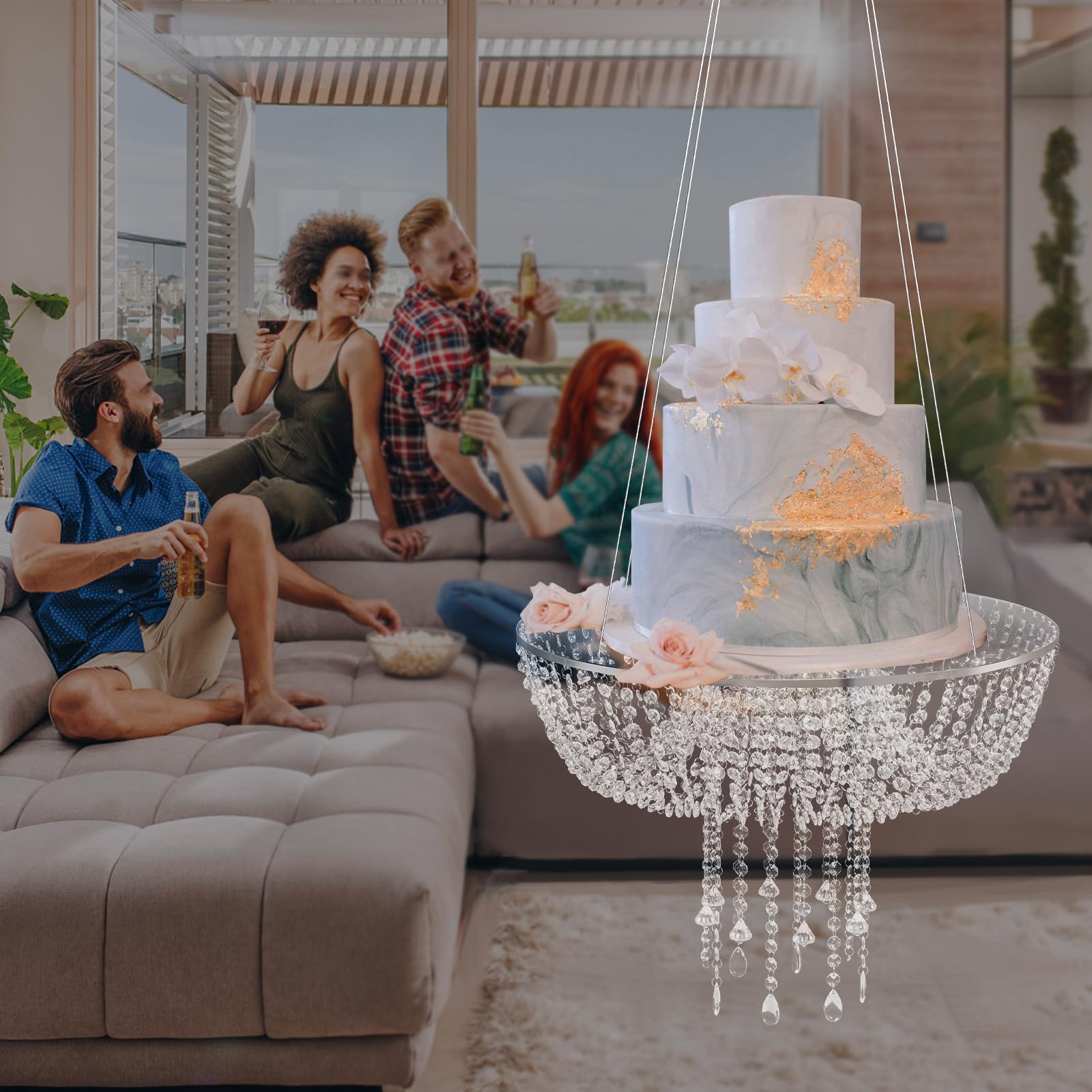 Elegant Acrylic Hanging Crystal Cake Stand - Romantic Suspended Dessert Display Rack for Wedding, Birthday & Tea Party Decor - Perfect for Bridal Showers, Baby Showers & Special Events (Clear Acrylic)