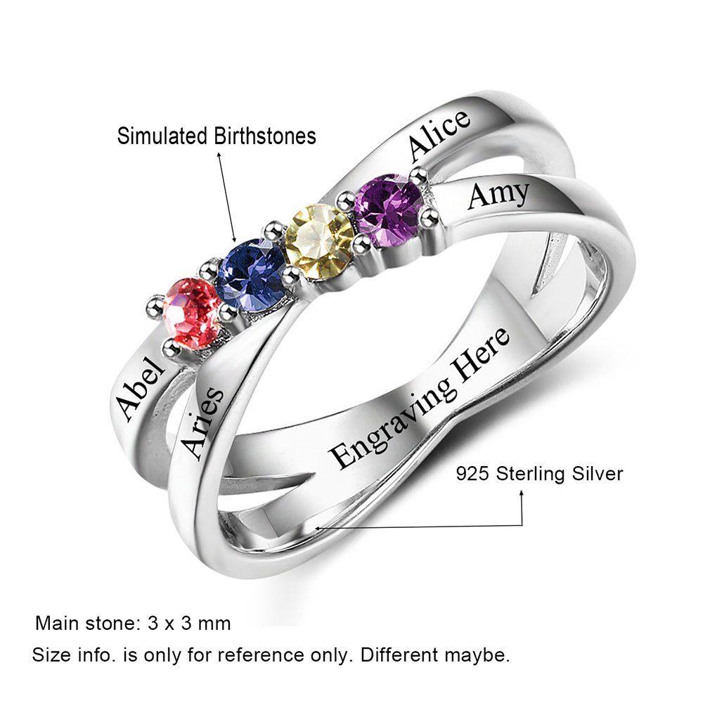 Personalized Sterling Silver Mother's Ring with Birthstones - Engraved Family Names for Anniversary & Mother's Day Gifts