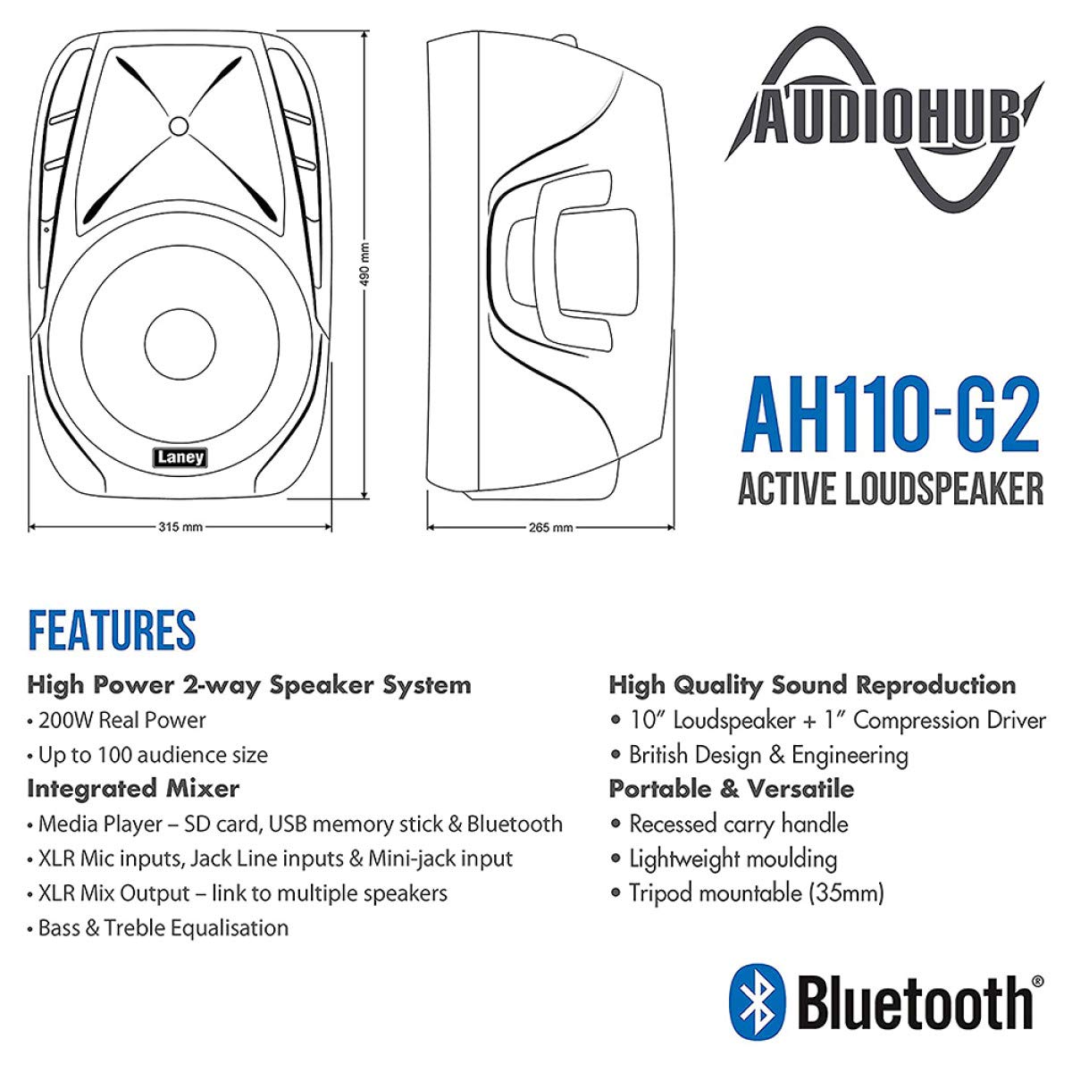 Laney AH110-G2 100W Guitar Speaker Cabinet - Professional Powered PA System for Live Performances, Studio Recording & Band Rehearsals