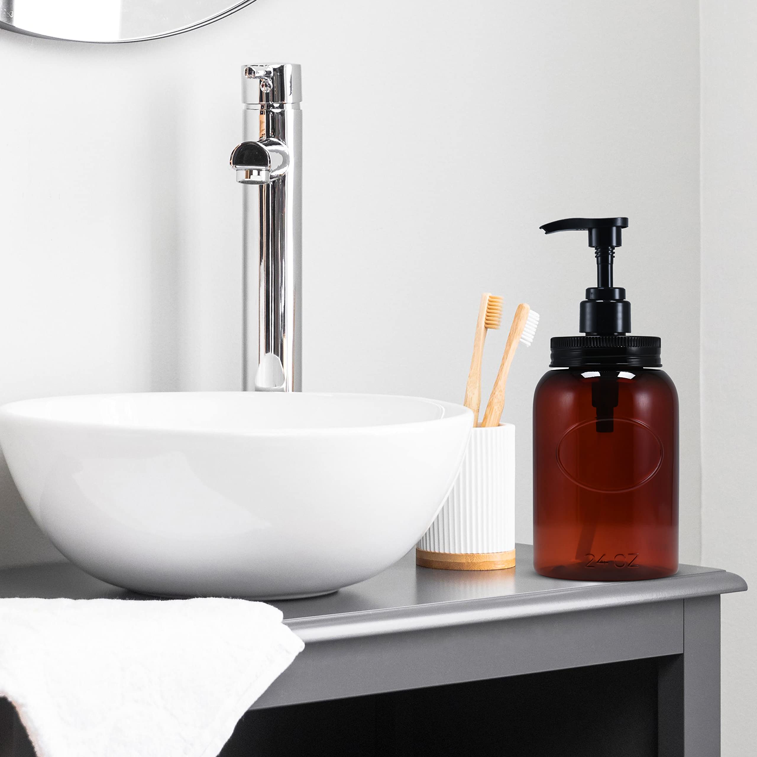 Bottiful Home - Set of 4 Amber 24oz Wide Mouth Plastic Refillable Pump Dispenser Bottles for Shampoo, Conditioner, Body Wash, Lotion & Dish Soap | Leak-Proof & Durable | Perfect for Bathroom, Kitchen & Laundry Organization