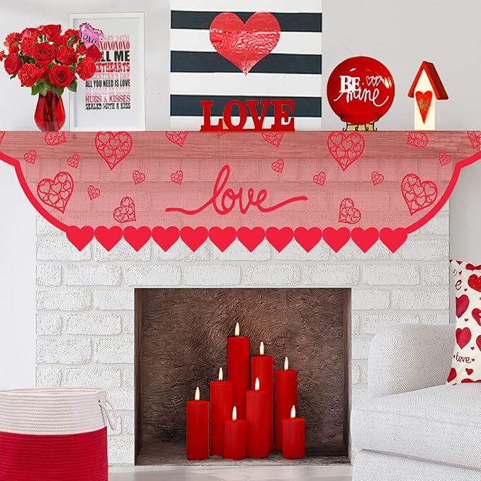 Valentine's Day Fireplace Mantle Cover - Romantic Red Lace Heart Garland for Holiday Home Decor, Living Room & Indoor Valentine Decorations - Perfect for Romantic Dinners, Proposals & Winter Home Decorating