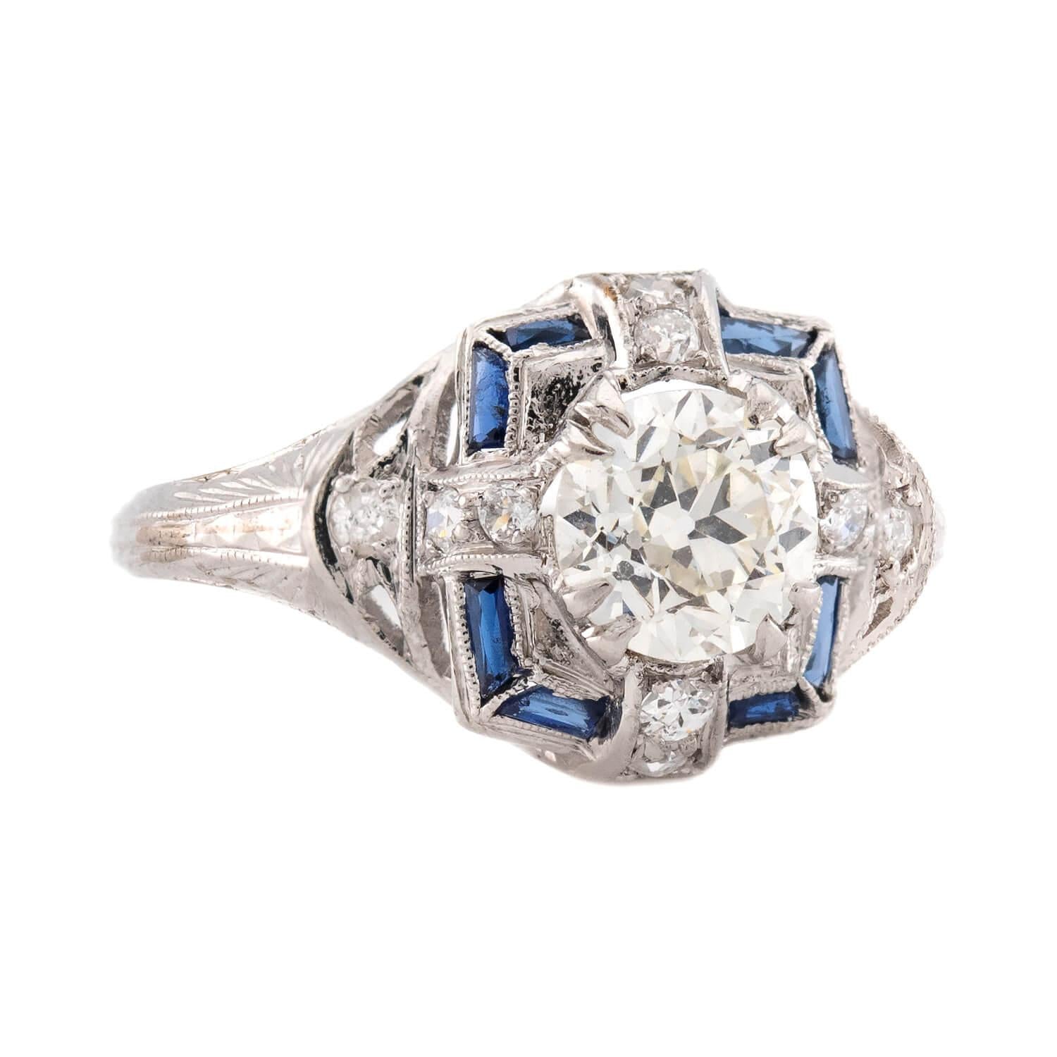Art Deco Platinum Diamond & Sapphire Engagement Ring 1.62ct - Vintage Inspired Wedding Band for Brides, Anniversary Gift & Special Occasions