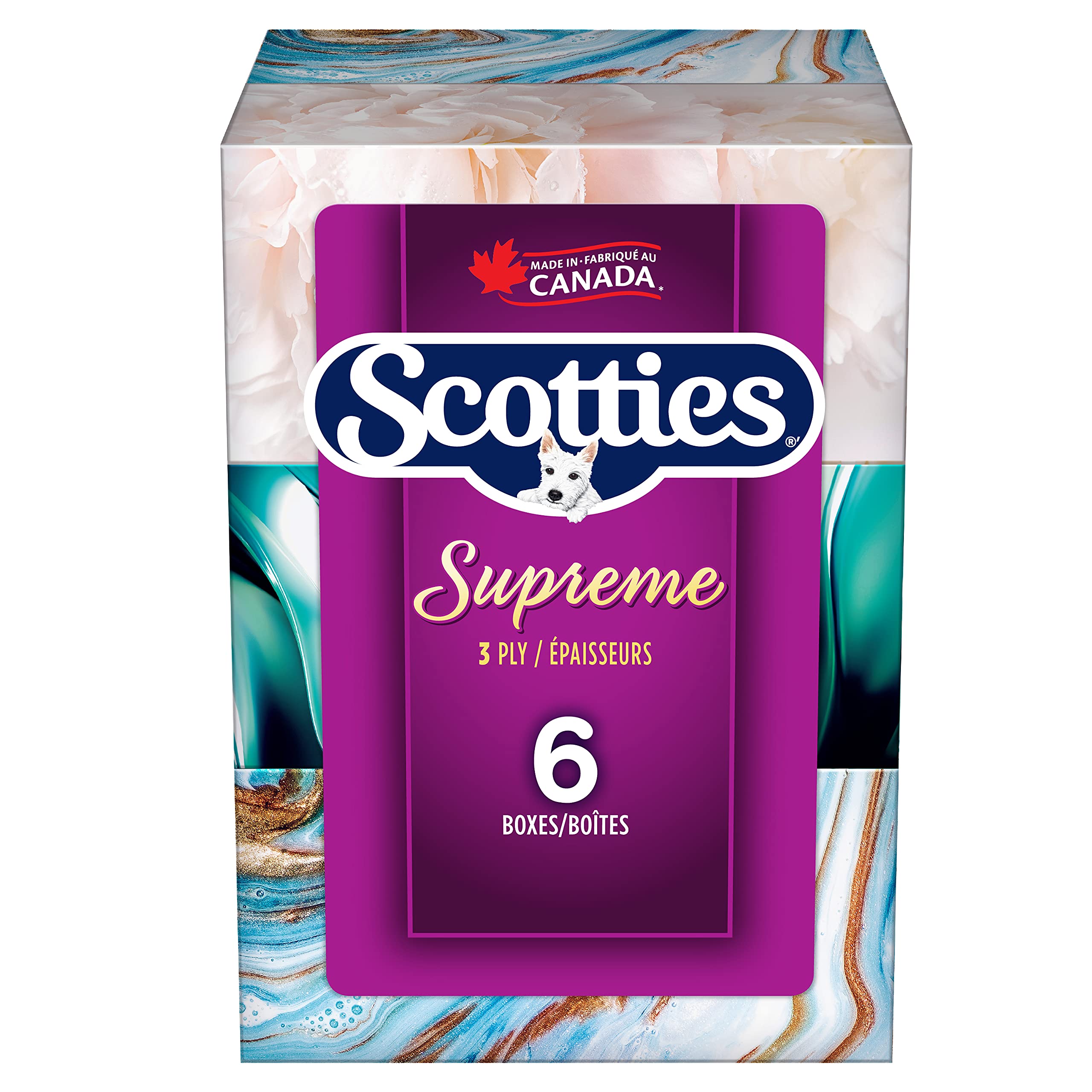 Scotties Supreme 3-Ply Facial Tissues, 88 Sheets per Box - 6 Pack | Soft & Strong for Home, Office & Travel | Hypoallergenic & Lotion-Free | Canadian Brand