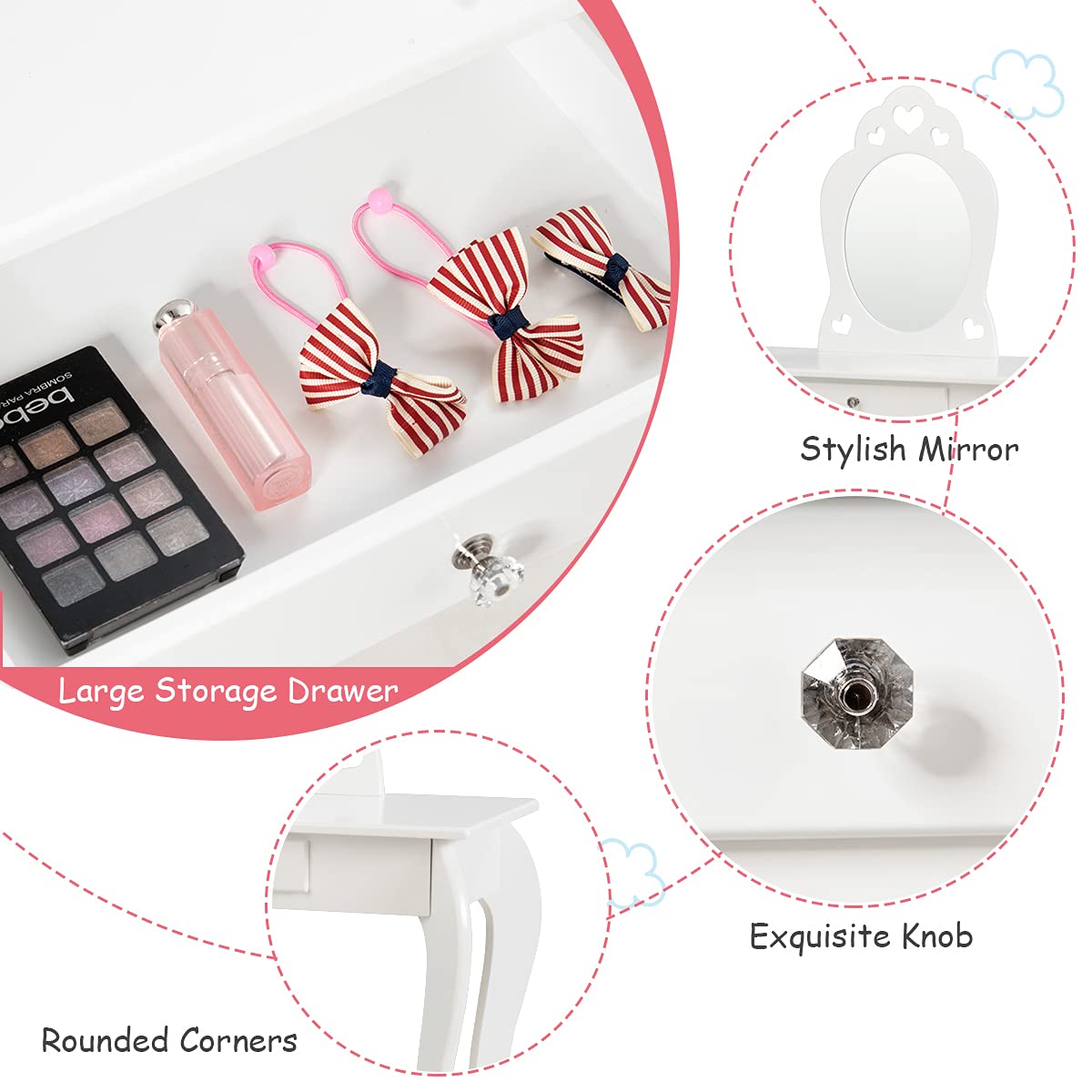 HONEY JOY Kids Vanity Set with Mirror - White Wooden Toddler Vanity Table with Stool & Drawer, Removable Top for Pretend Play - Princess Beauty Makeup Dressing Table Playset for Little Girls | Perfect for Birthday Gifts, Bedroom Decor & Role Play Activities