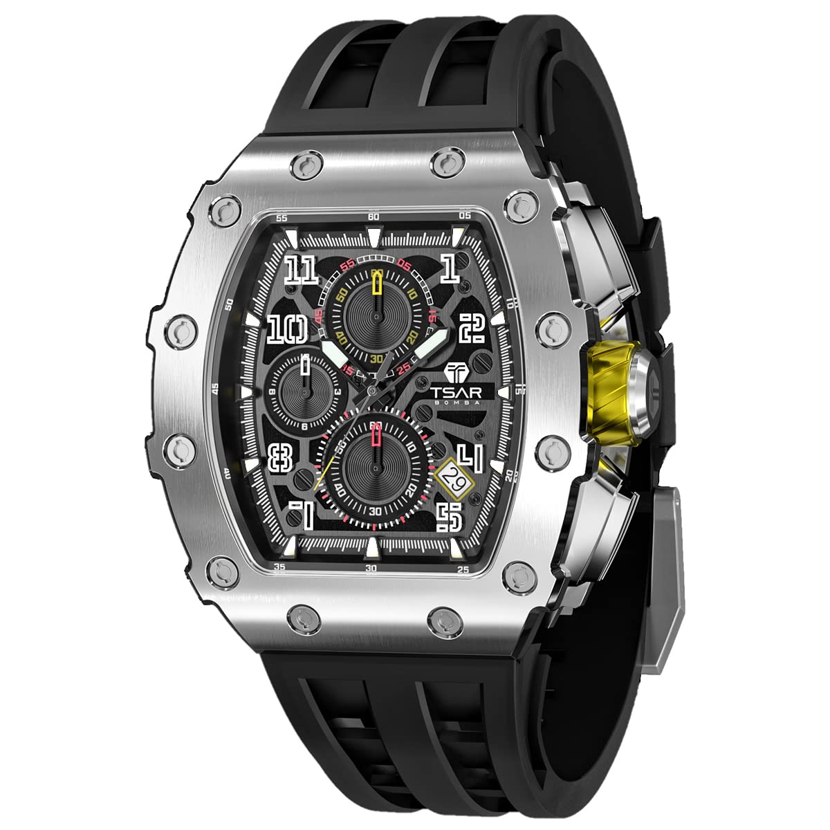 Luxury Men's Tonneau Watch - 50M Waterproof, Luminous, Date Chronograph with Japanese Quartz Movement - Sapphire Crystal & Silicone Strap - Fashion Sport Watch for Men - Perfect for Business, Casual Wear & Outdoor Activities