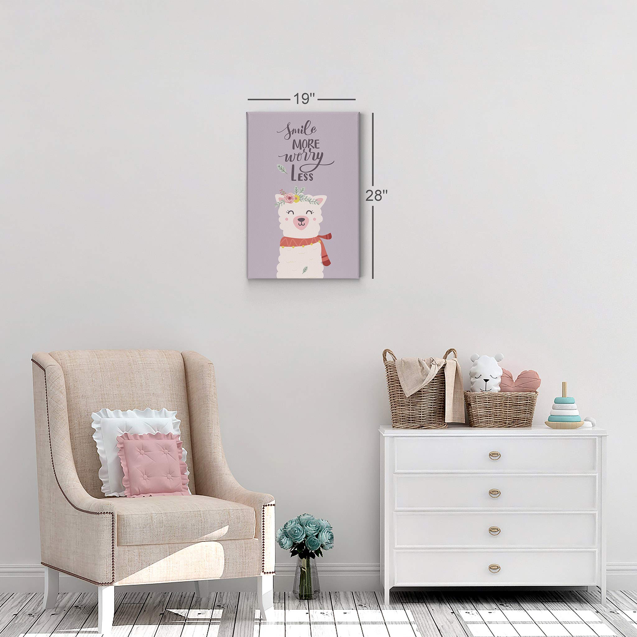 Smile More Worry Less - Cute Alpaca Canvas Wall Art Print with Purple Background | 40x30 Inches Ready to Hang | Perfect for Kids Room, Nursery & Baby Room Decor | Made in USA | Wall Art for Bedroom, Playroom & Classroom