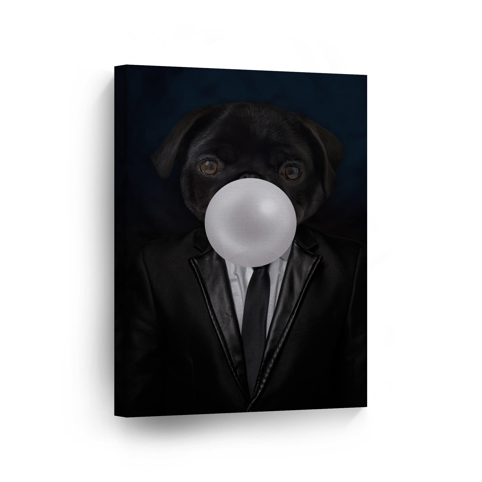 Pug Dog Portrait in Suit Chewing Bubble Gum - Canvas Wall Art Print for Pet Lovers, Pop Art Decor for Office, Living Room, Bedroom & Nursery - 40x30 Inches - Perfect Gift for Dog Enthusiasts & Unique Home Decor