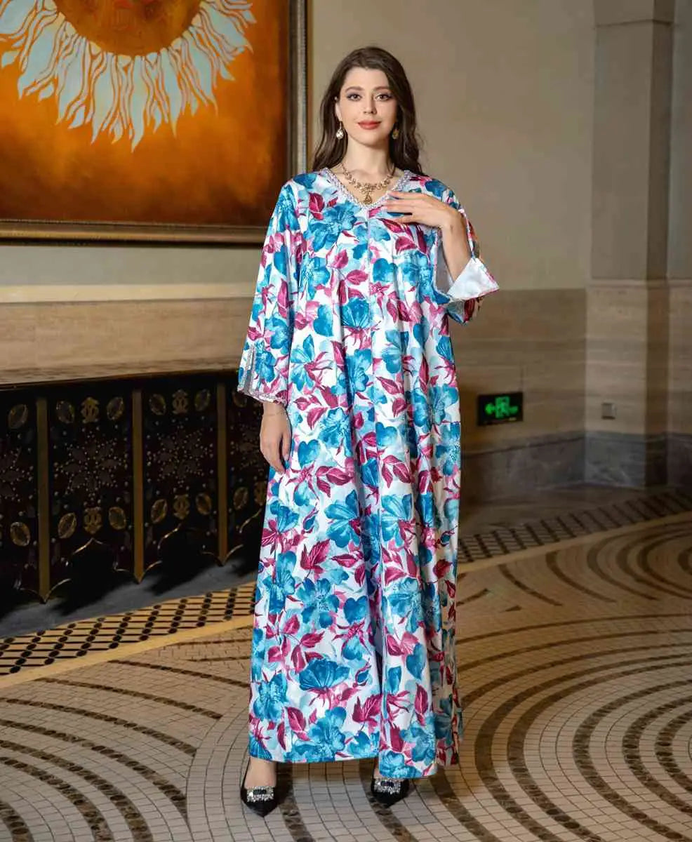 Elegant Hotfix Rhinestone Printed Caftan Kaftan Dress for Women - Perfect for Eid Celebrations, Parties & Special Occasions