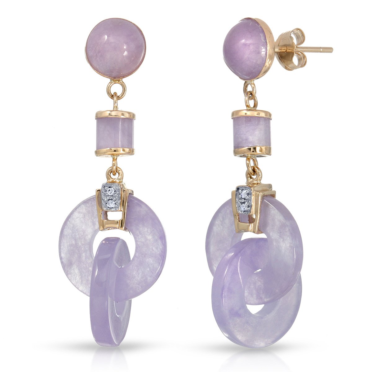 14K Yellow Gold Double Hoop Lavender Jadeite Dangle Earrings with .01ct White Diamonds | Elegant Drop Earrings for Women | Perfect for Weddings, Parties & Special Occasions