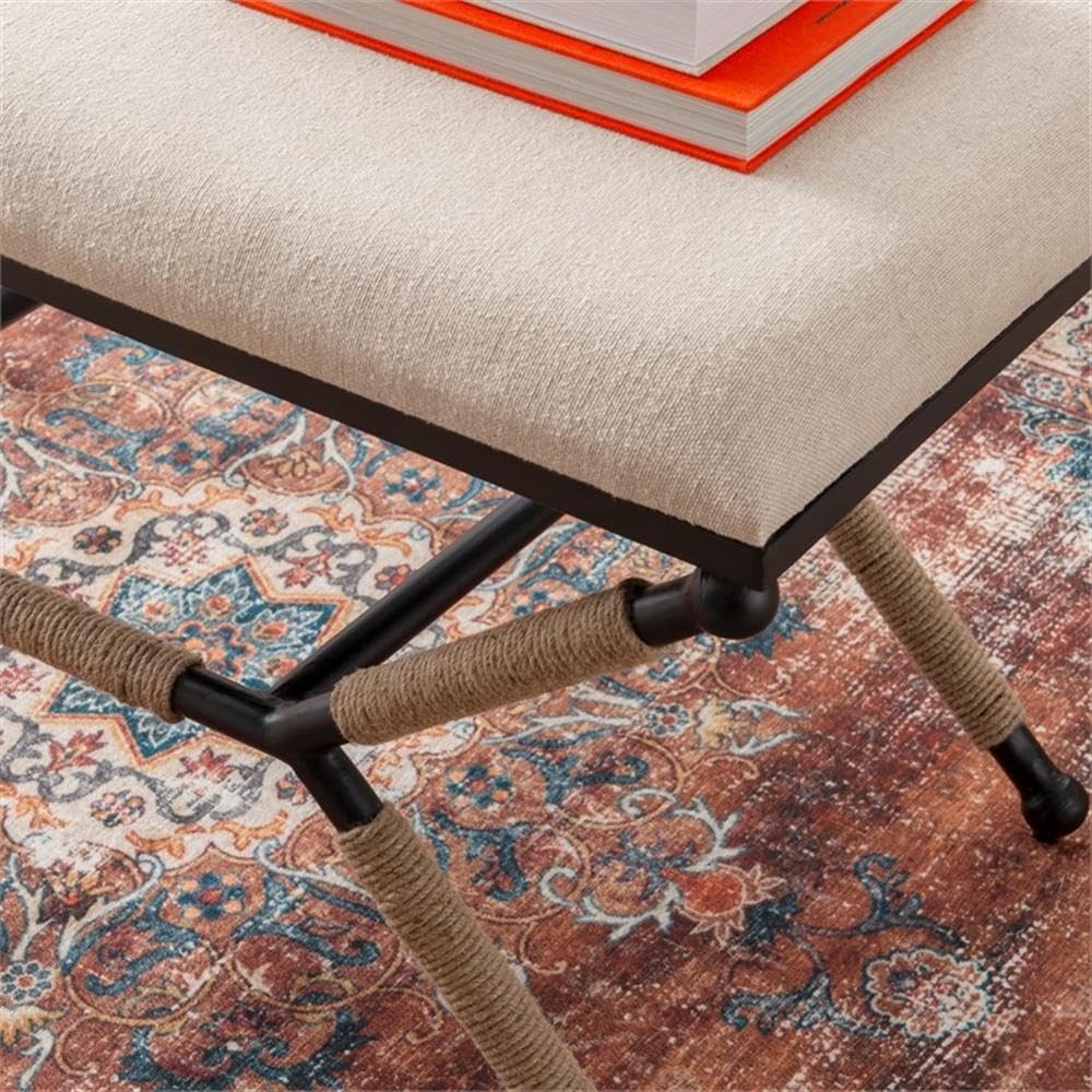 Linon Anna Campaign Accent Bench - Black Metal Legs with Cream Rope Detail - Perfect for Entryway, Bedroom or Living Room Decor
