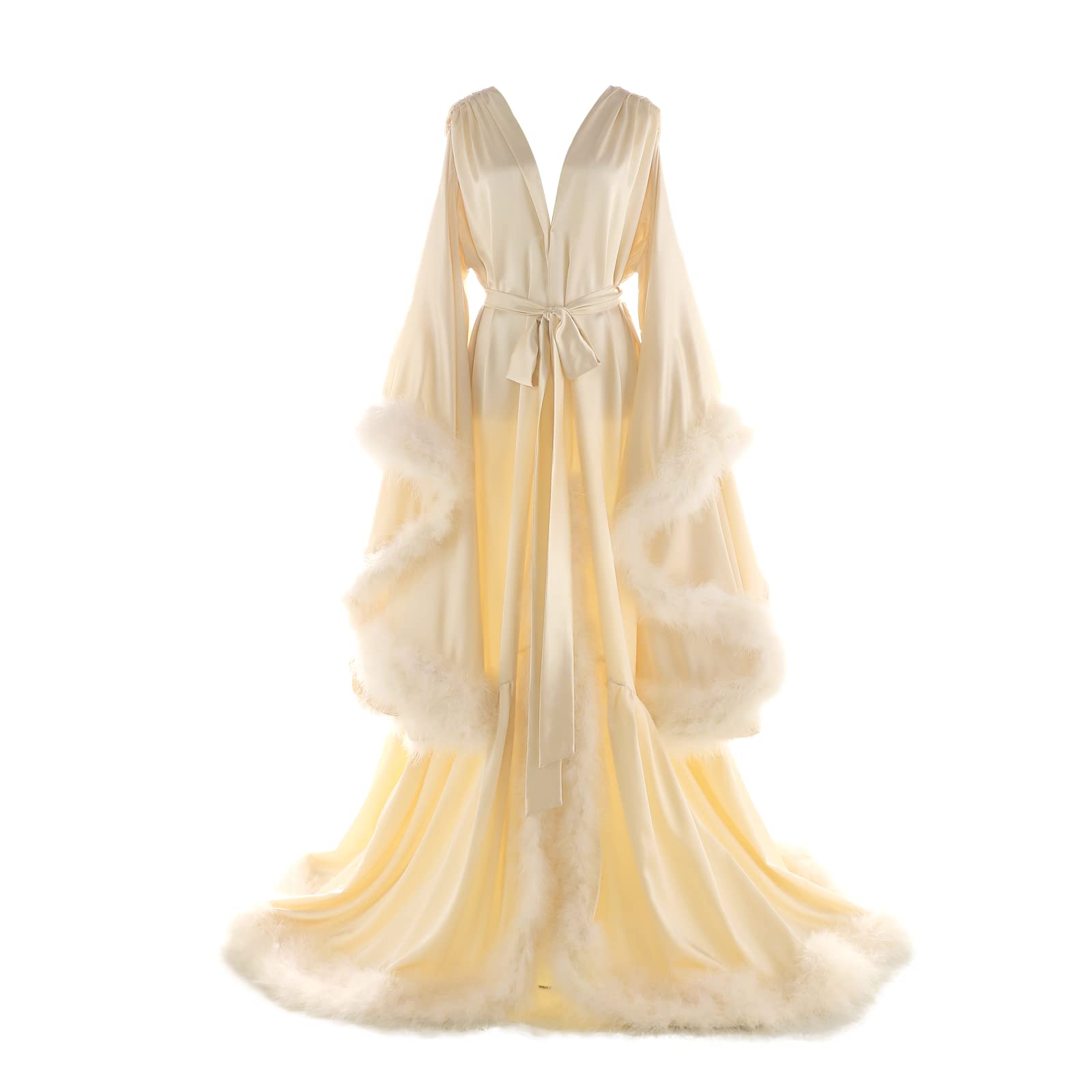 Elegant Women's Feather Bridal Robe - Old Hollywood Style Silk Maternity Photoshoot Nightgown & Lingerie Bathrobe for Wedding, Honeymoon & Boudoir Photography