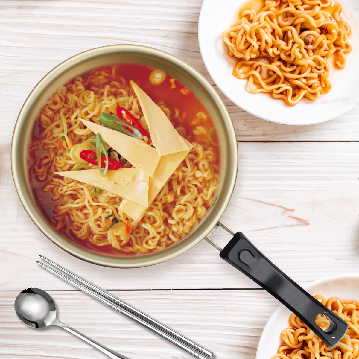 **AHIER Korean Ramen Cooking Pot with Lid, Spoon & Chopsticks - Fast Heating Noodle Pot for Stovetop & Camping - Single Handle Non-Stick Kitchen Cookware**