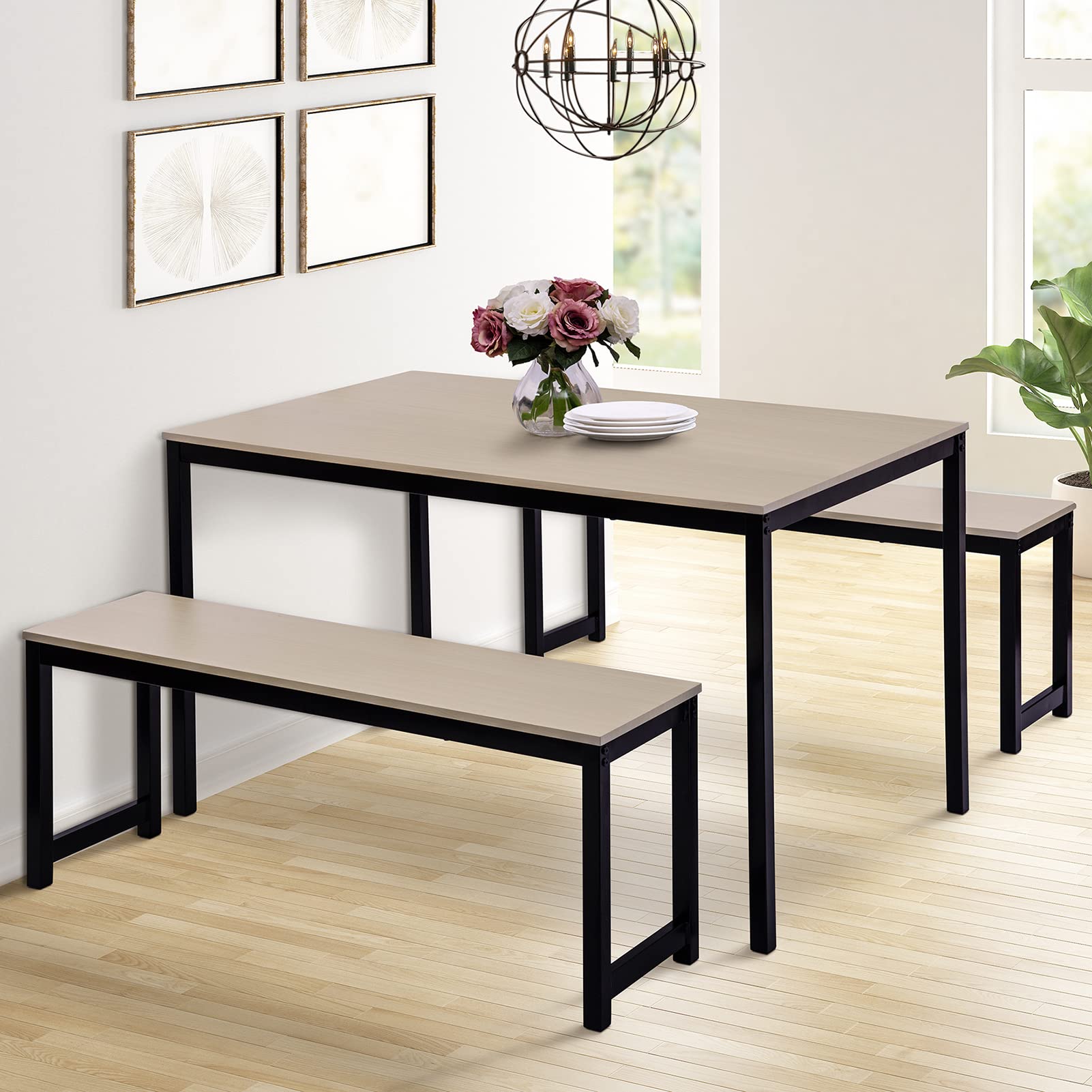 Modern Wood Look Dining Table Set with 2 Benches - 1 Piece Kitchen & Dining Room Table for Home, Restaurant - Beige - Perfect for Family Meals, Entertaining Guests & Small Space Dining