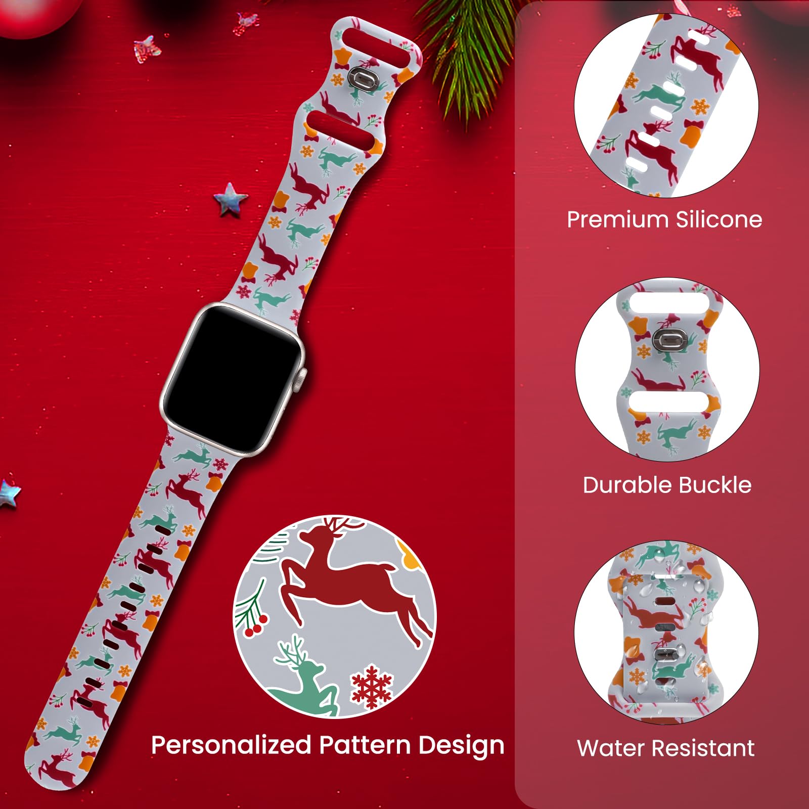 Christmas Themed Silicone Watch Bands for Apple Watch 38mm 40mm 41mm 42mm 44mm 45mm 49mm - Soft Printed Wristband Compatible with iWatch Series 9/8/SE/7/6/5/4/3/2/1/Ultra - Holiday Gift for Women & Men - Perfect for Christmas Parties, Office Celebrations & Festive Gatherings