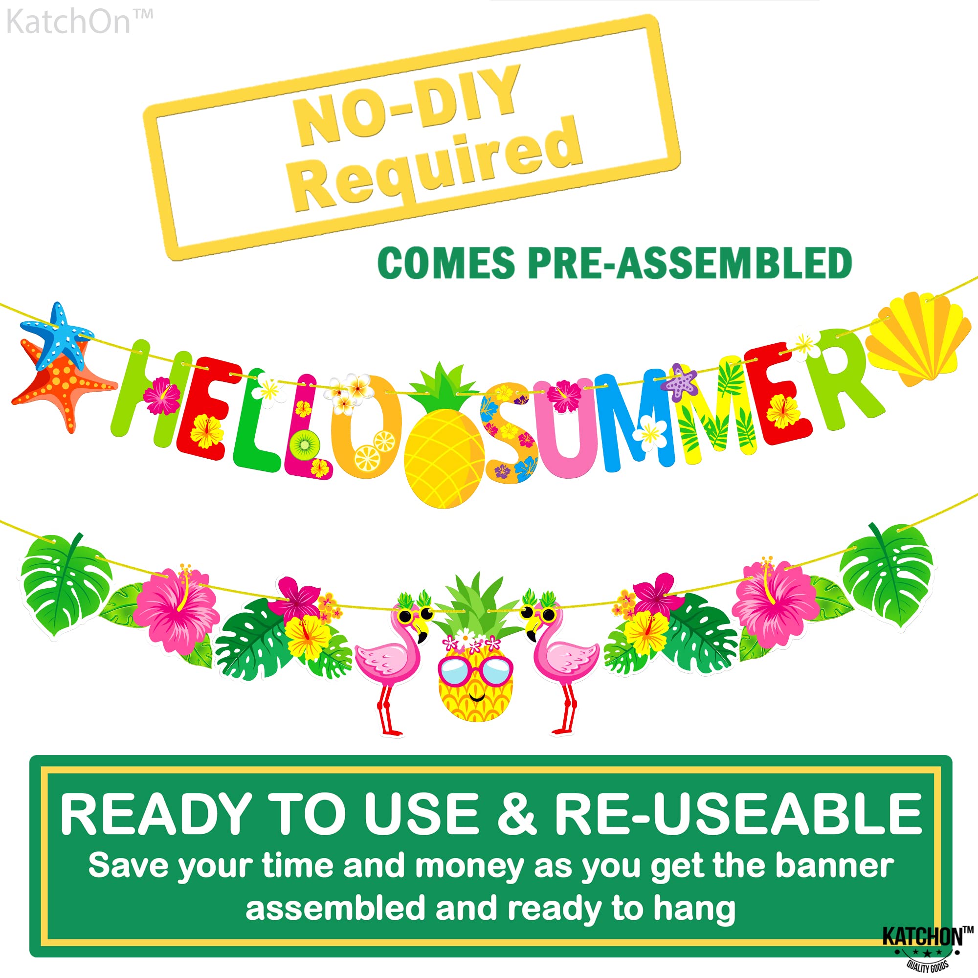 KatchOn Pre-Strung 10ft Hello Summer Banner - Flamingo Garland for Luau, Beach & Tropical Party Decorations | Perfect for Summer Parties, Backyard BBQs & Poolside Celebrations