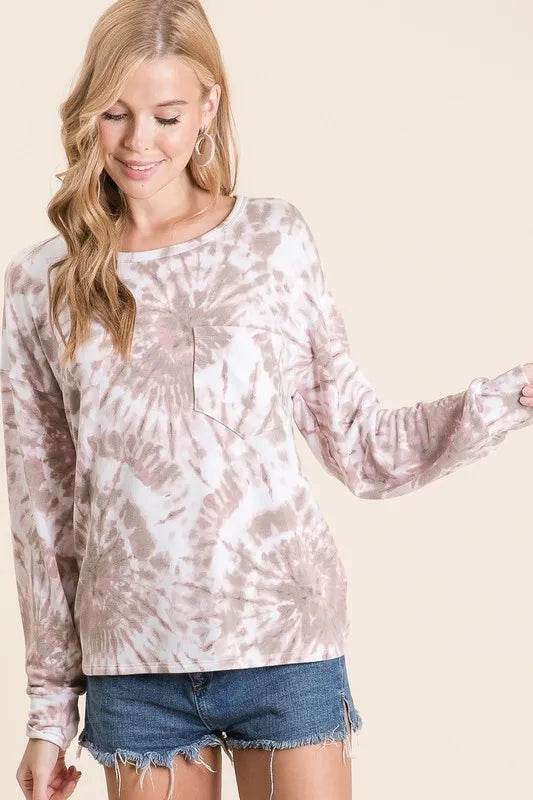 Bibi Tie Dye Print Terry Top With Front Patch Pocket - Mauve/Taupe Women's Fashion | Casual Wear, Beach Outfit, Summer Style