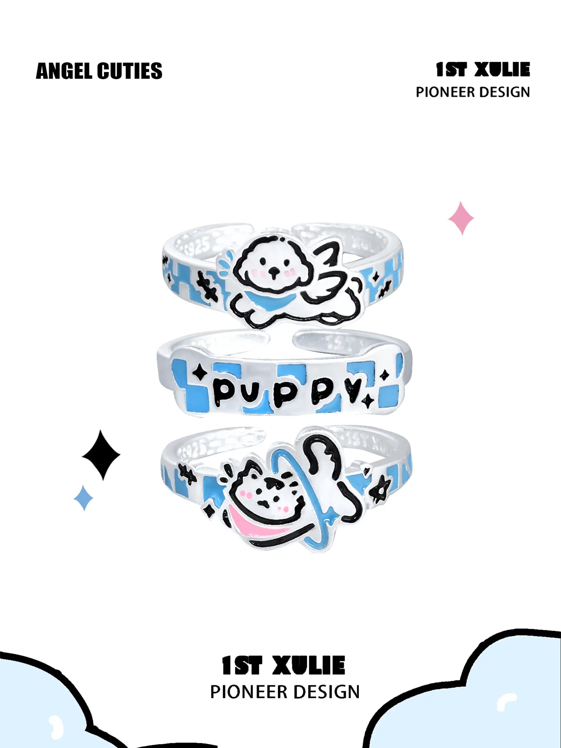 Angel Cuties 925 Sterling Silver Kitten & Puppy Hand-Painted Colorful Resin Ring™ - Cute Animal Jewelry for Women, Girls | Perfect Gift for Pet Lovers, Birthday, Valentine's Day