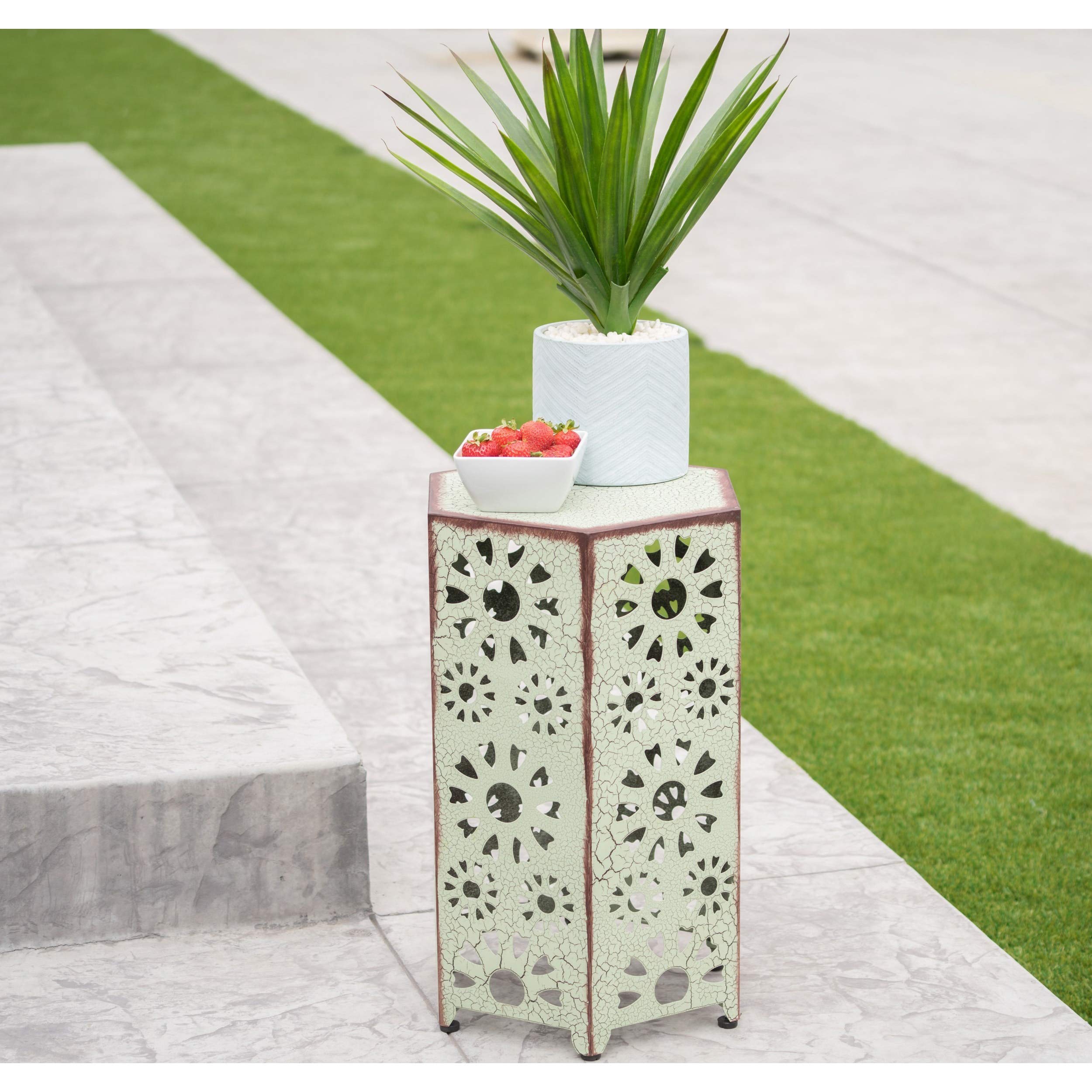 Hexagon Crackle Green Iron Side Table with Floral Cut-Out Design - 14in Outdoor Patio Table, Perfect for Garden, Balcony & Poolside Decor