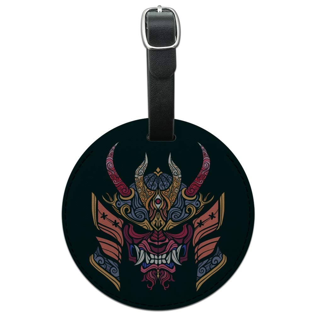 Japanese Oni Demon Samurai Warrior Leather Luggage Tag - Round ID Card Holder for Travel Bags, Suitcases & Backpacks - Perfect for Halloween Cosplay, Anime Conventions & Themed Parties