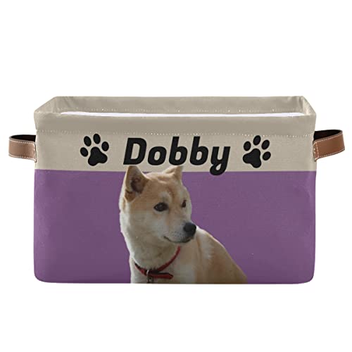Personalized Collapsible Dog Toy Storage Basket with Leather Handles - Custom Pet Toy Organizer for Dog Toys, Clothes & Accessories - Light Purple - Perfect for Living Room, Bedroom & Pet Play Area Organization