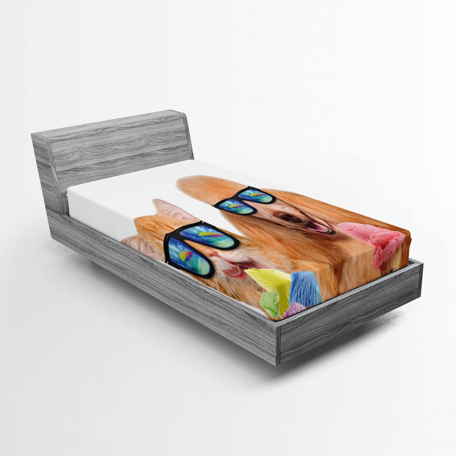 Ambesonne Pet Fitted Sheet - Cat & Dog Retro Pop Art for Twin Bed - Home Decor