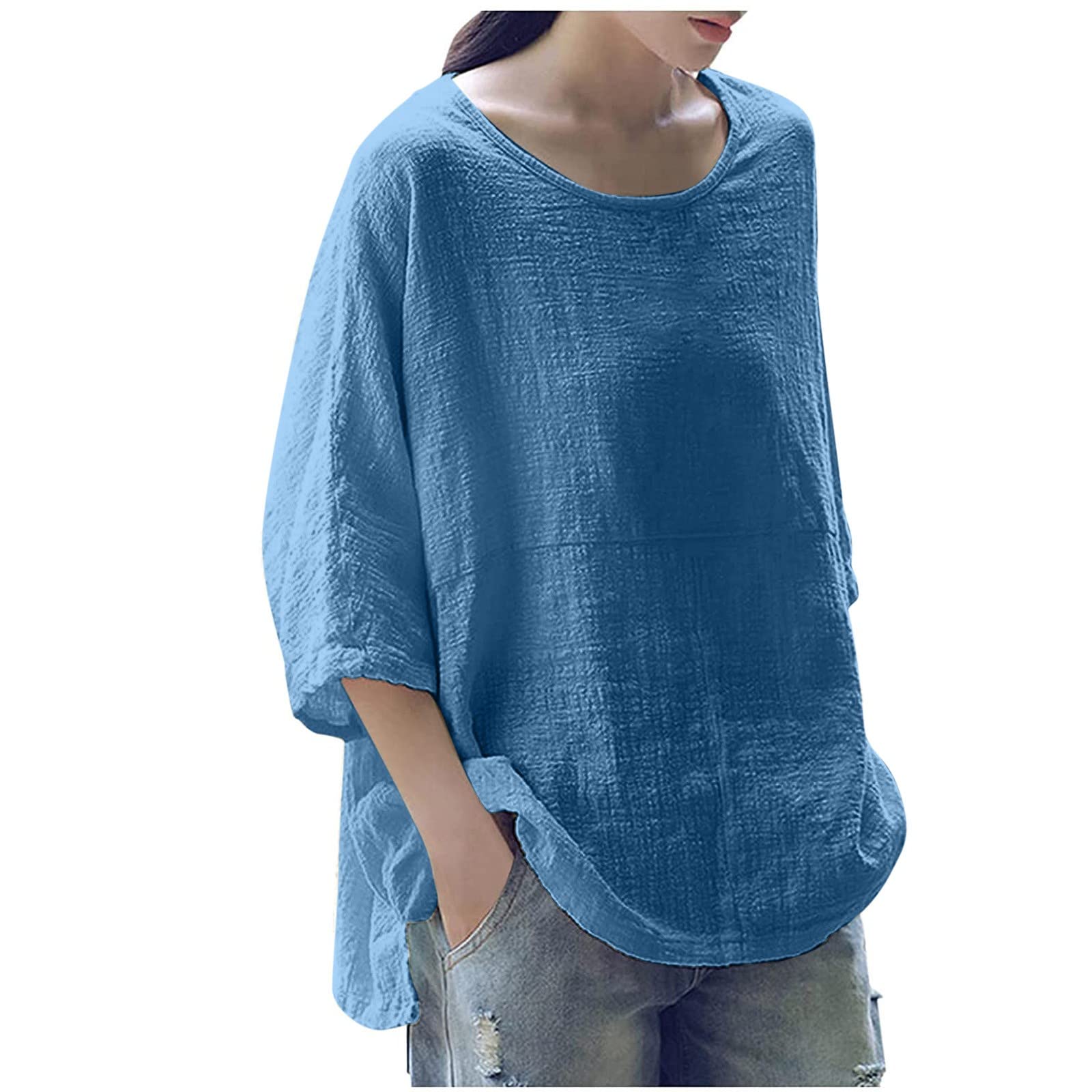Women's 3/4 Sleeve Cotton Linen Vintage T-Shirt - Solid Color Loose Round Neck Blouse for Casual Wear & Summer Outfits