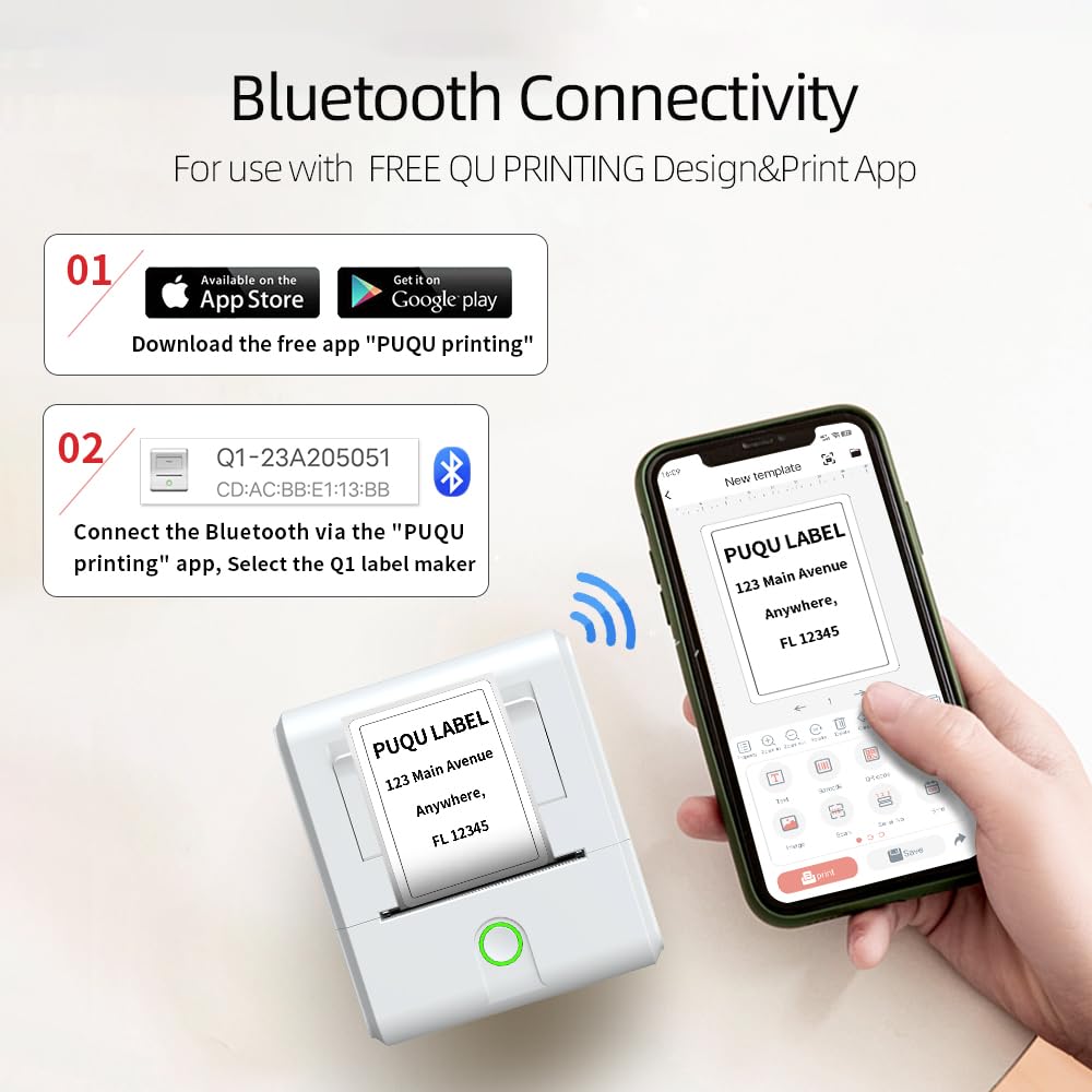 PUQU Q1 Portable Bluetooth Label Maker - Wireless Thermal Sticker Printer for Clothing, Jewelry, Retail, Barcodes, Mailing & Organization | Compatible with Android & iOS | White | Perfect for Home, Office & Small Business Labeling Needs