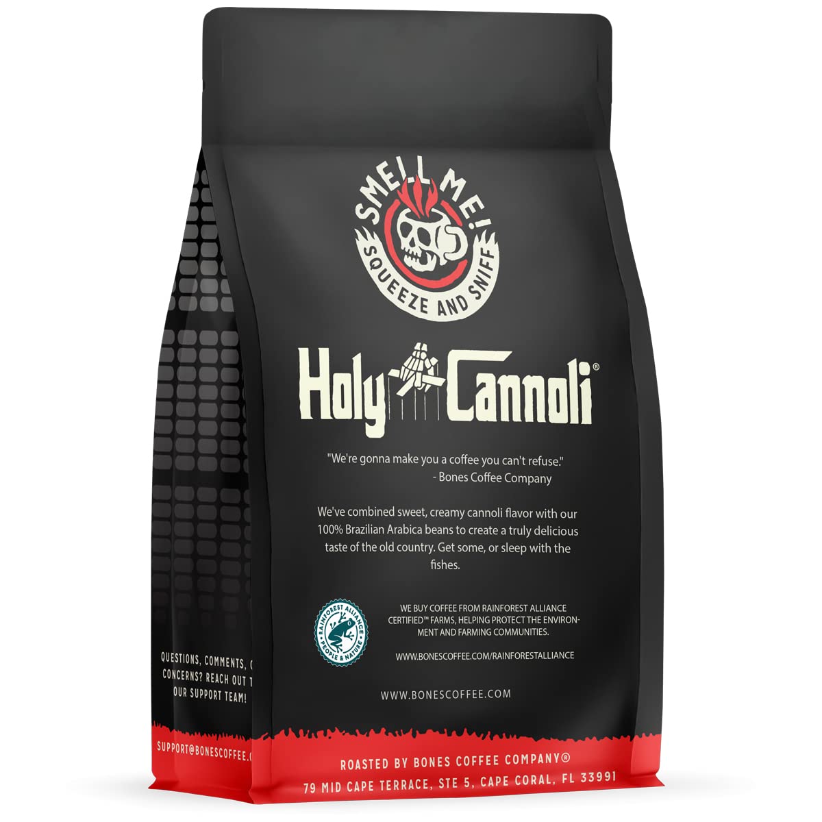 Bones Coffee Company Holy Cannoli Flavored Medium Roast Coffee Beans - Low Acid Ground Coffee with Authentic Cannoli Taste (12 oz) - Perfect for Breakfast, Dessert Pairing & Italian-Themed Gatherings