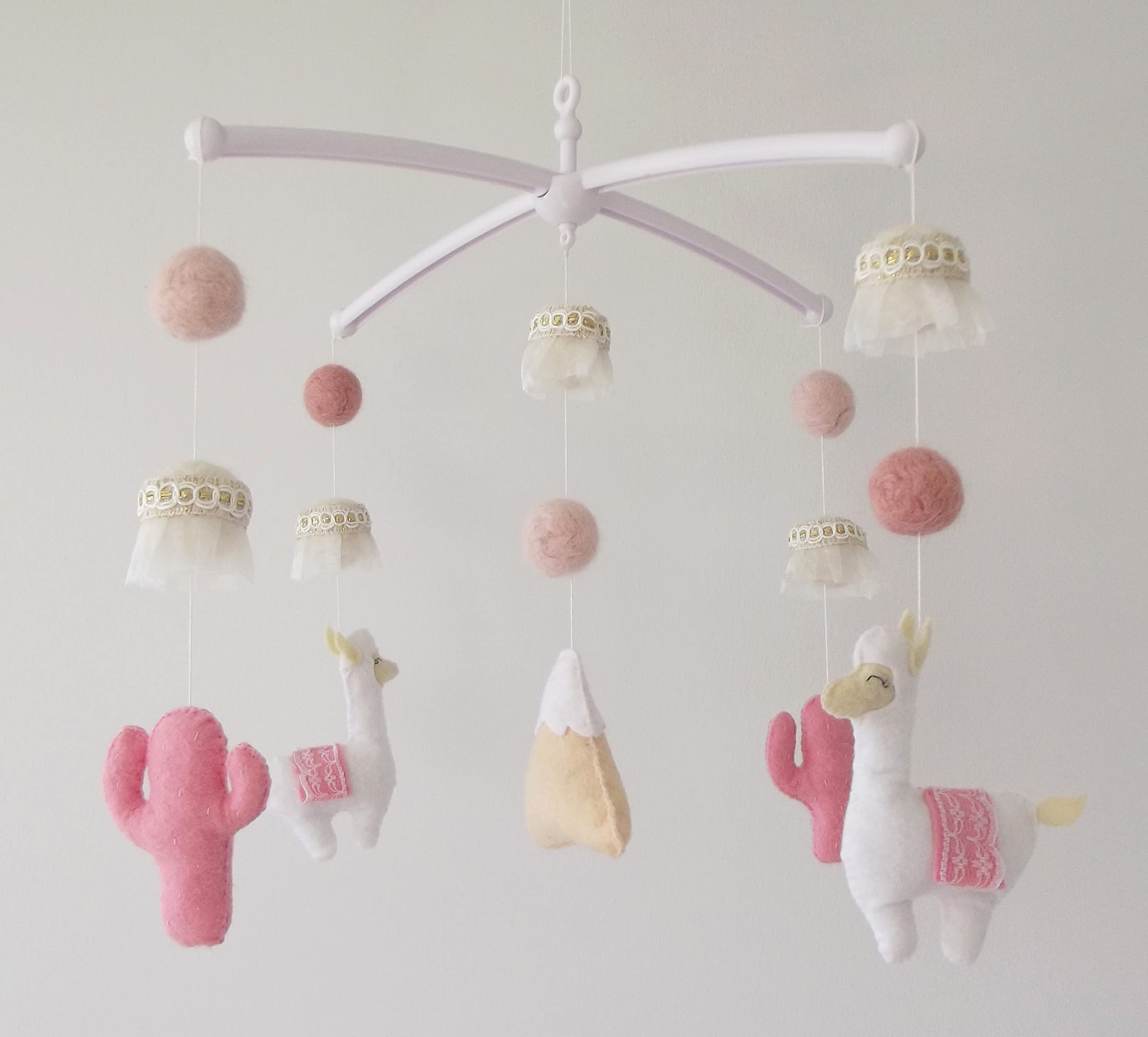 Pink Llama Crib Mobile - Handmade Felt Alpaca Nursery Decor for Baby Girls | Cactus-Themed Baby Shower Gift & Newborn Cot Mobile | Perfect for Soothing Infants and Decorating Nurseries