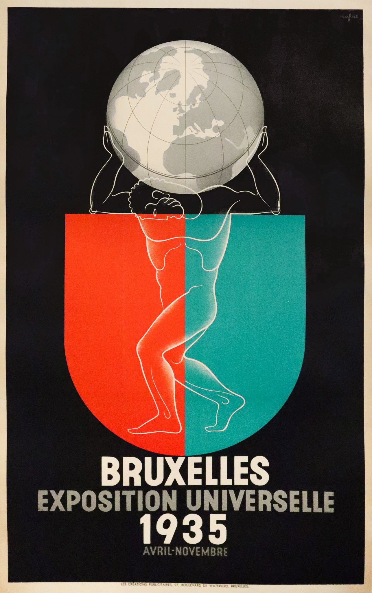 Vintage 1935 Brussels International Exposition Poster - French Version on Linen Backing | Art Deco Wall Decor for Home, Office & Museum Displays