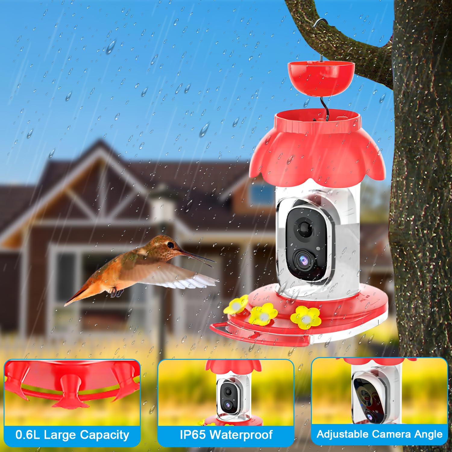 Smart Hummingbird Feeder with Wireless AI Camera - Outdoor Bird Feeder with Motion Detection & Auto Video Capture - Perfect Gift for Bird Lovers - Watch Live & Record Bird Activities in Your Garden