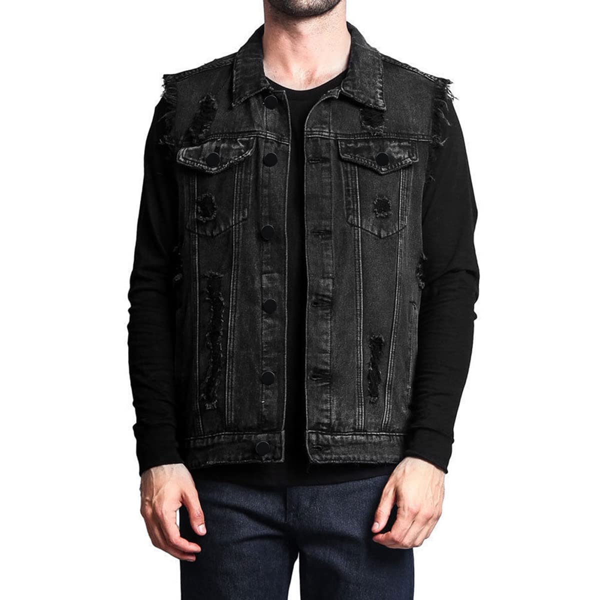 Iynnijoy Men's Distressed Denim Vest - Sleeveless Slim Fit Waistcoat with Pockets | Western Cowboy Style for Casual Wear & Outdoor Events