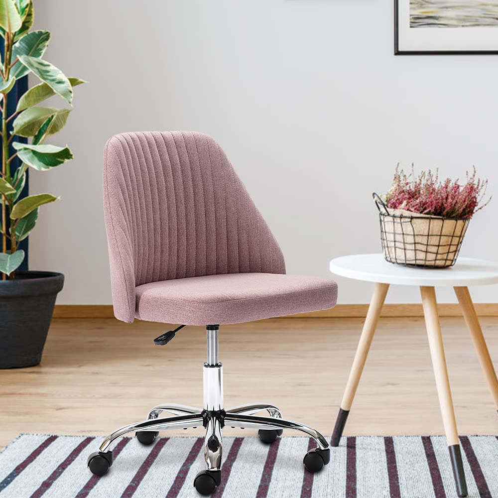 Ergonomic Home Office Desk Chair - Adjustable Low Back Rolling Vanity Chair with Wheels, Modern Twill Upholstered Cute Chair for Bedroom, Classroom & Dressing Room - Rose Pink - Perfect for Remote Work, Online Classes & Makeup Stations