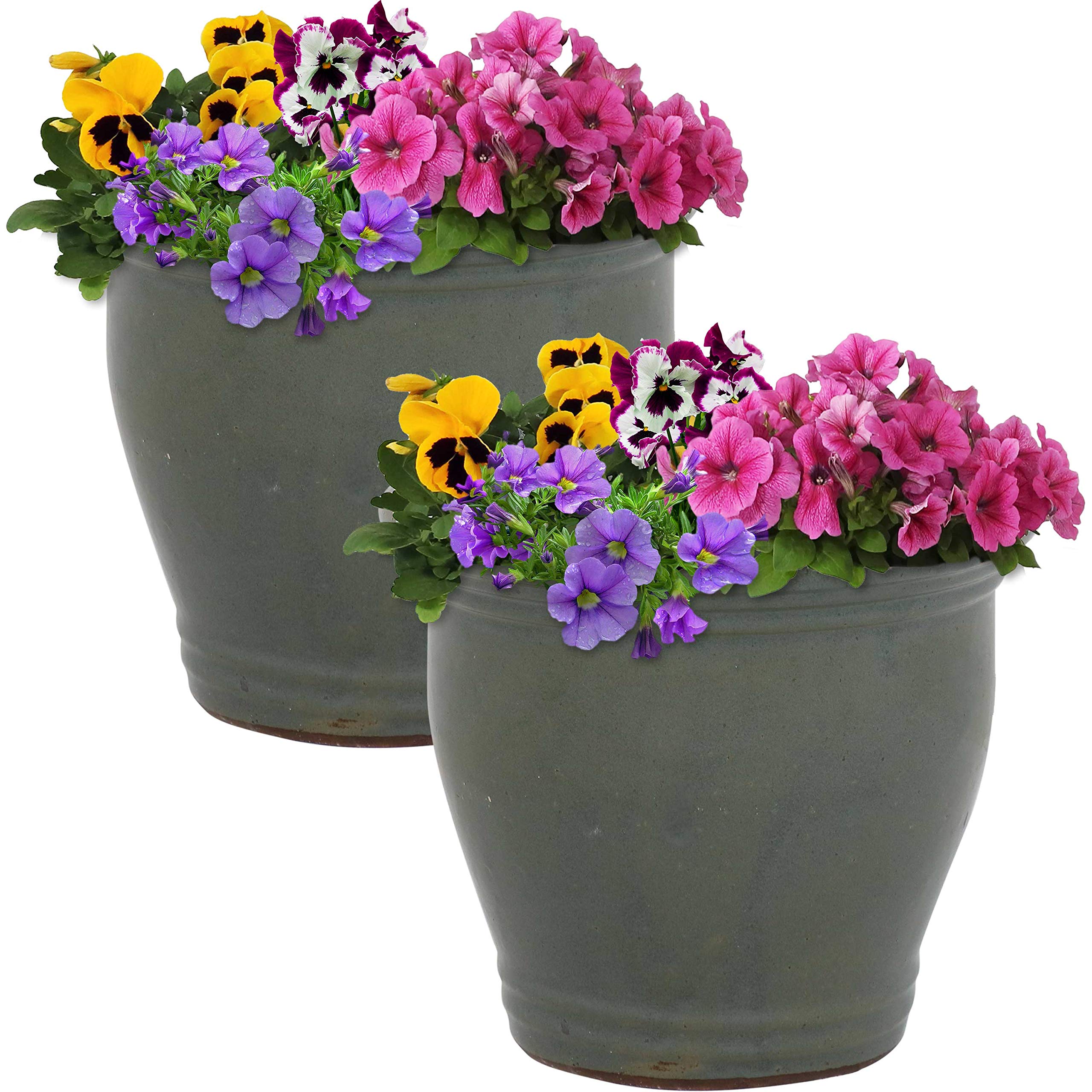 Sunnydaze Round Ceramic Planter Set of 2 - 11 Inch Gray Glaze Indoor Outdoor Flower Pots with Drainage Hole - Perfect for Patio, Garden, and Home Decor