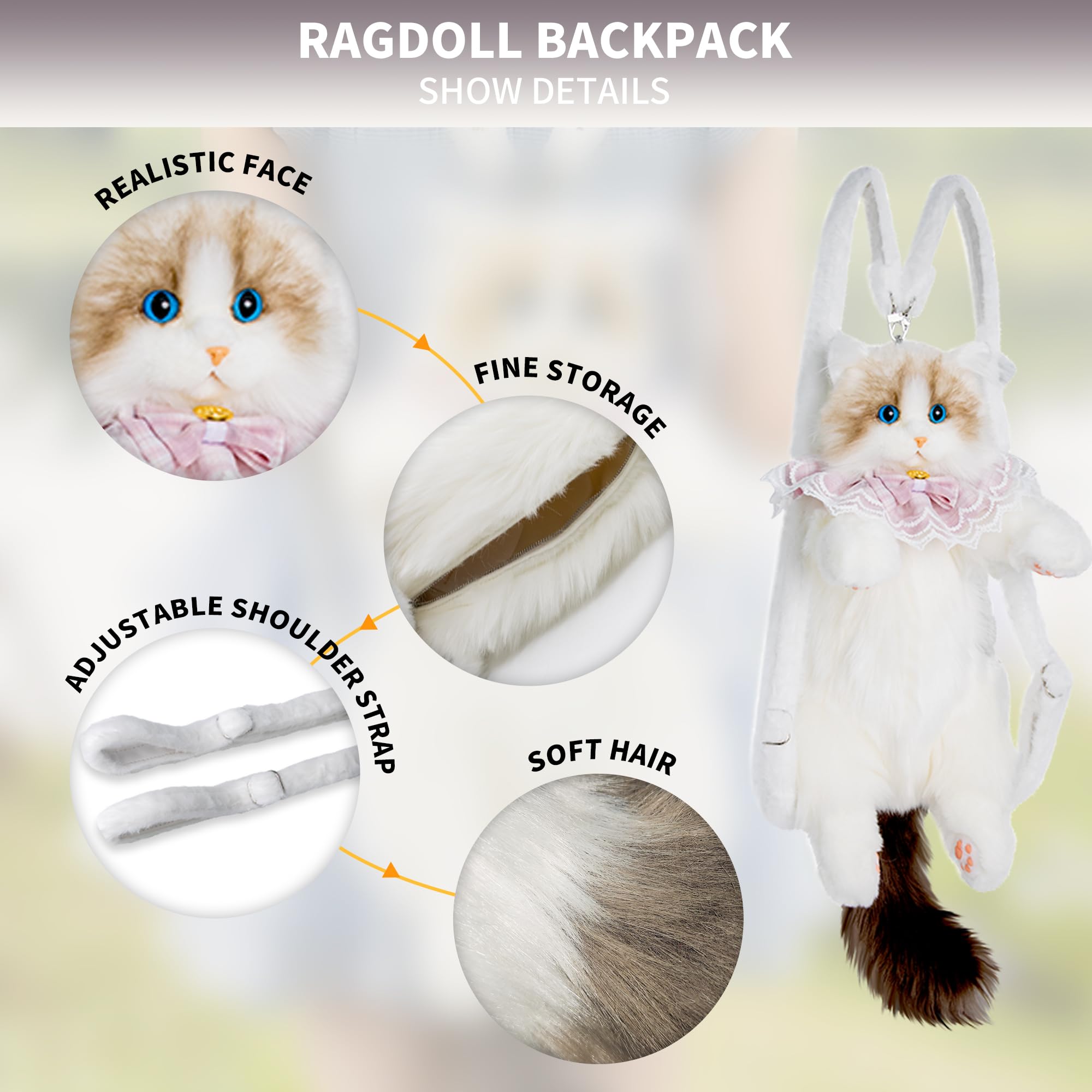 Realistic Cat Plush Backpack - Soft Stuffed Animal Backpack with Adjustable Straps for Kids & Adults - Perfect for School, Travel & Cosplay (White)