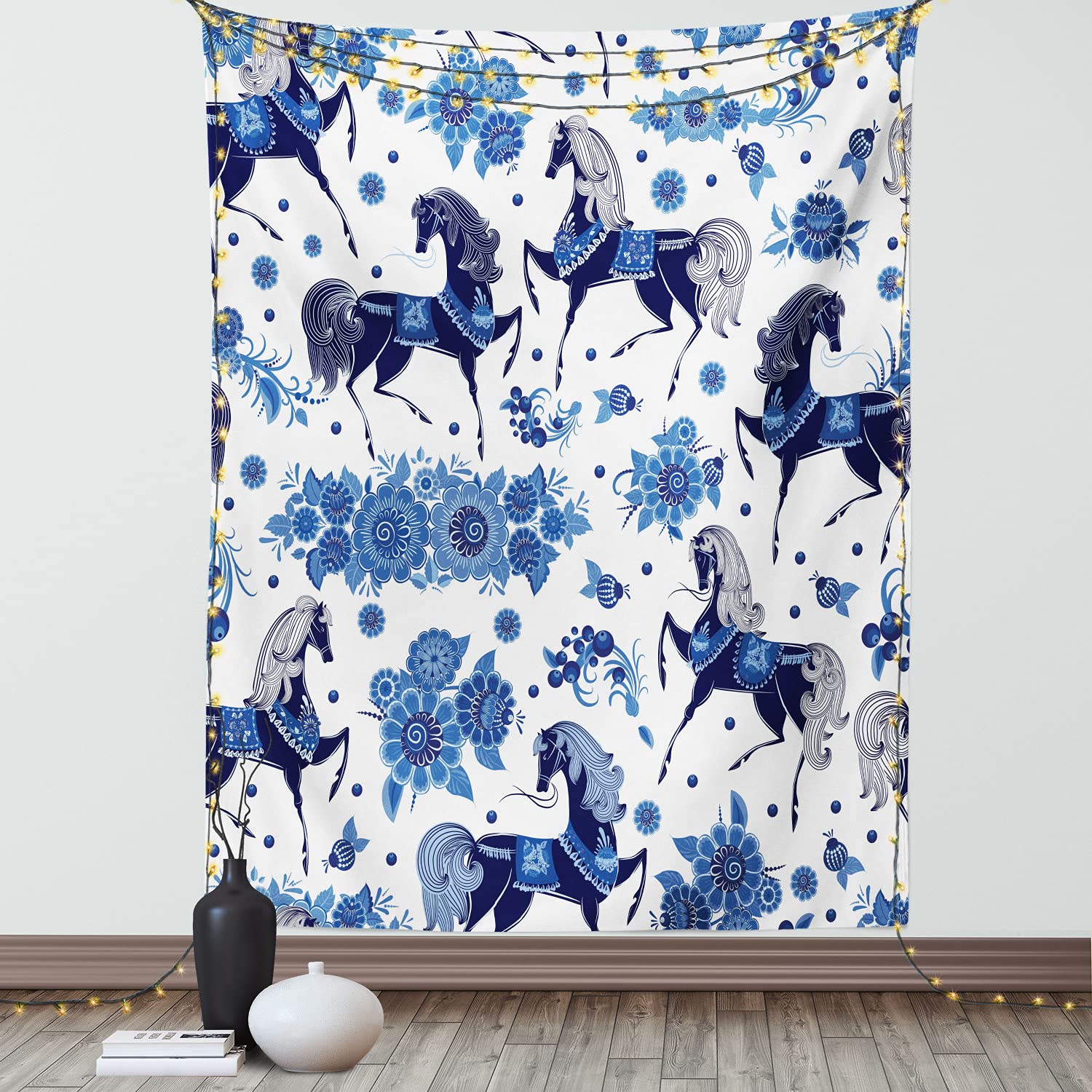 Ambesonne Horse Tapestry Wall Art - Monochrome Horses & Flowers Design - 40x60 Inch Blue Dark Blue White Bohemian Decor for Bedroom, Living Room, Dorm | Perfect for Boho Chic Home Decor & Hippie Aesthetic Spaces
