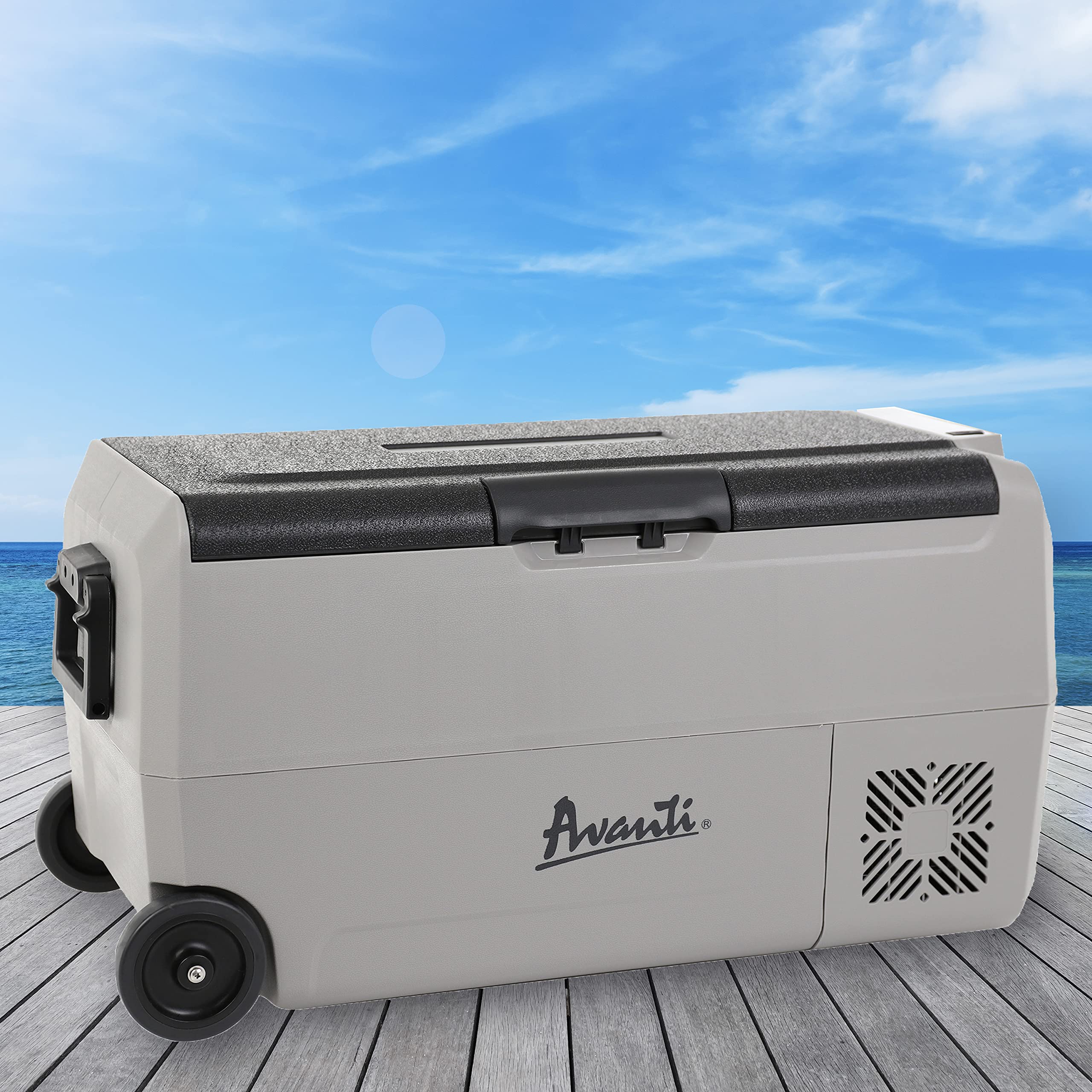 Avanti PDR36L34G 36L Portable Refrigerator and Freezer - Dual Zone Cooling, Adjustable Temperature, Rolling Wheels for Easy Transport, LED Interior Light, AC/DC Power for Car & Home - Perfect for Road Trips, Camping, Tailgating & Outdoor Adventures (Grey)