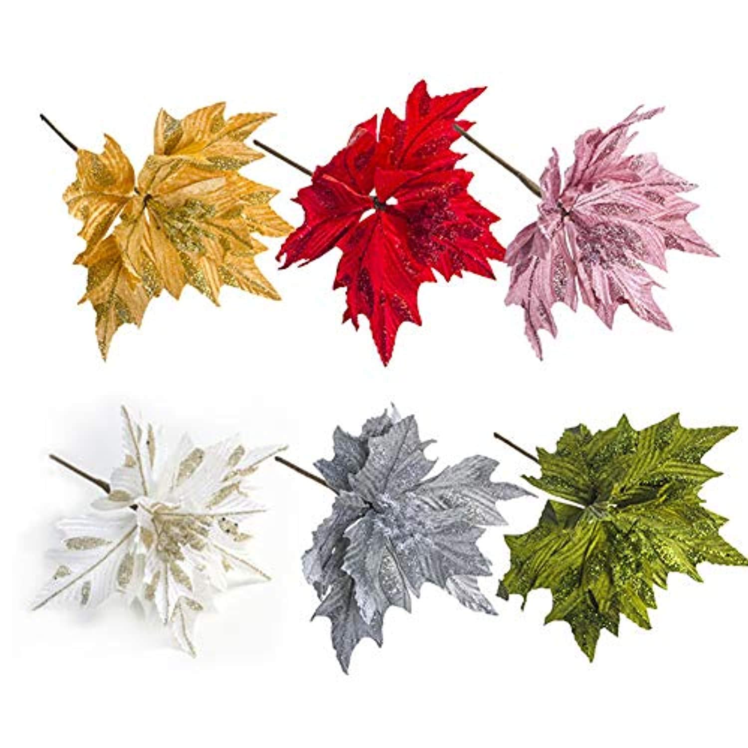 6-Piece Large Glitter Poinsettia Artificial Flowers Set - 9