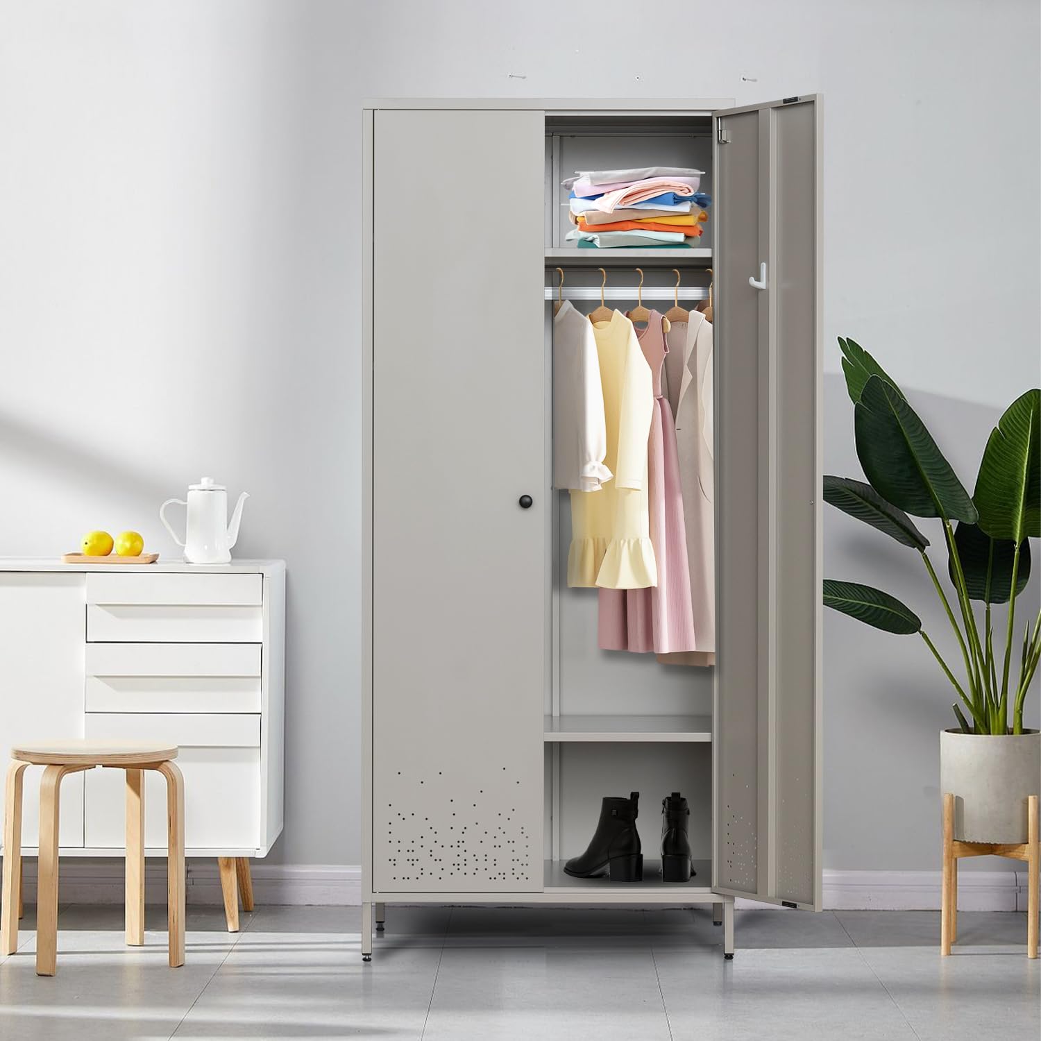 Metal Wardrobe Cabinet with Hanging Rod - Space Saving Closet Organizer for Bedroom & Laundry Room - Durable Storage Armoire in Gray | Perfect for Small Spaces, Apartments & Dorm Rooms