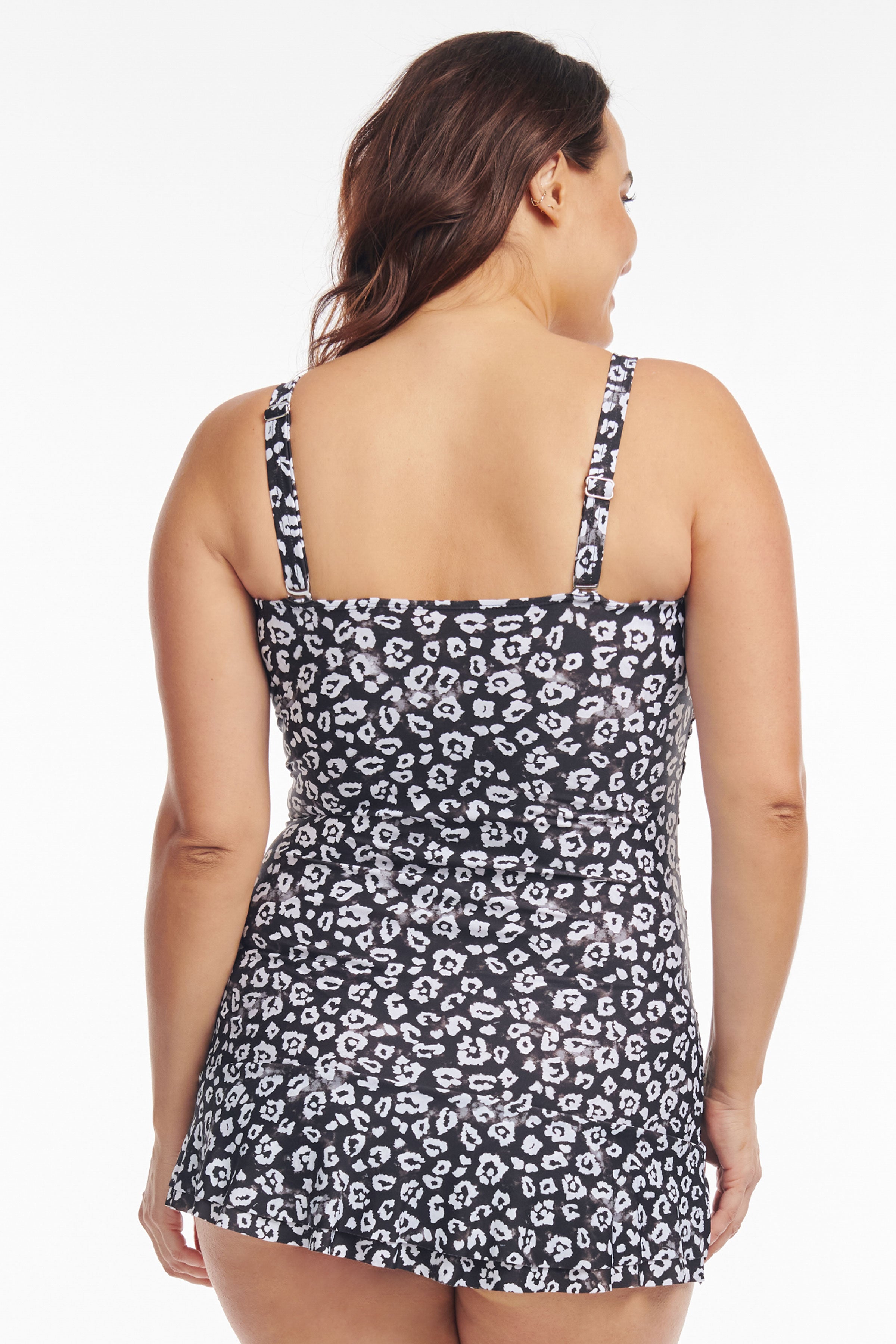 Plus Size Shirred One Piece Skater Swimdress in Tie Dye Cheetah Print - Flattering Swimwear for Women, Beach Vacation & Pool Party Outfit