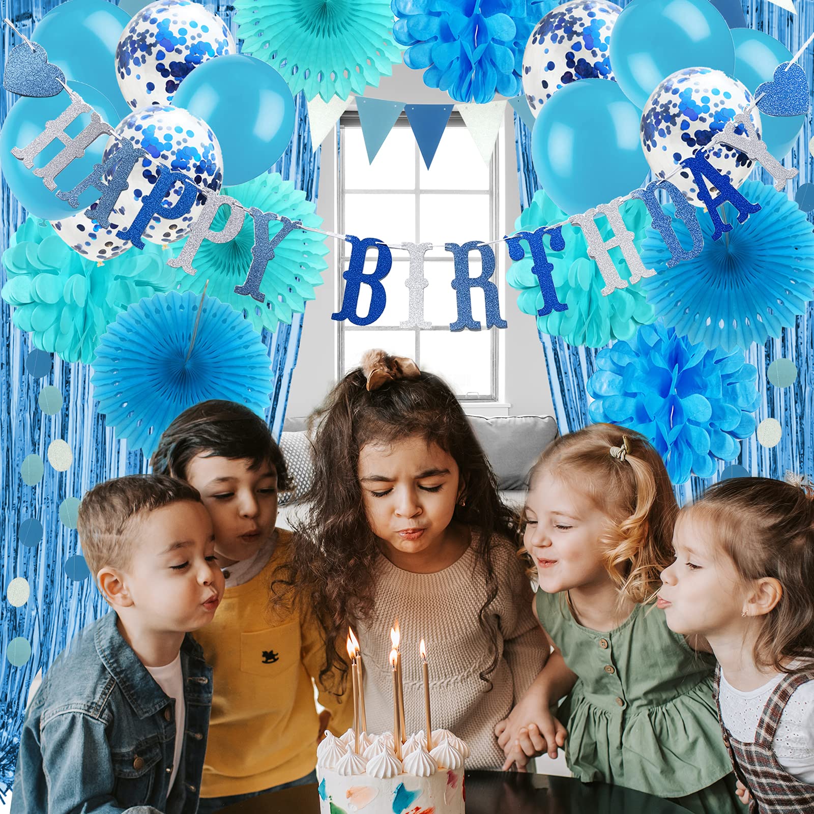 Blue Birthday Party Decorations for Boys & Men - Happy Birthday Banner, Curtains, Pompoms, Fans, Garland & Confetti Balloons | Perfect for Baby Showers, Gender Reveals & Birthday Celebrations