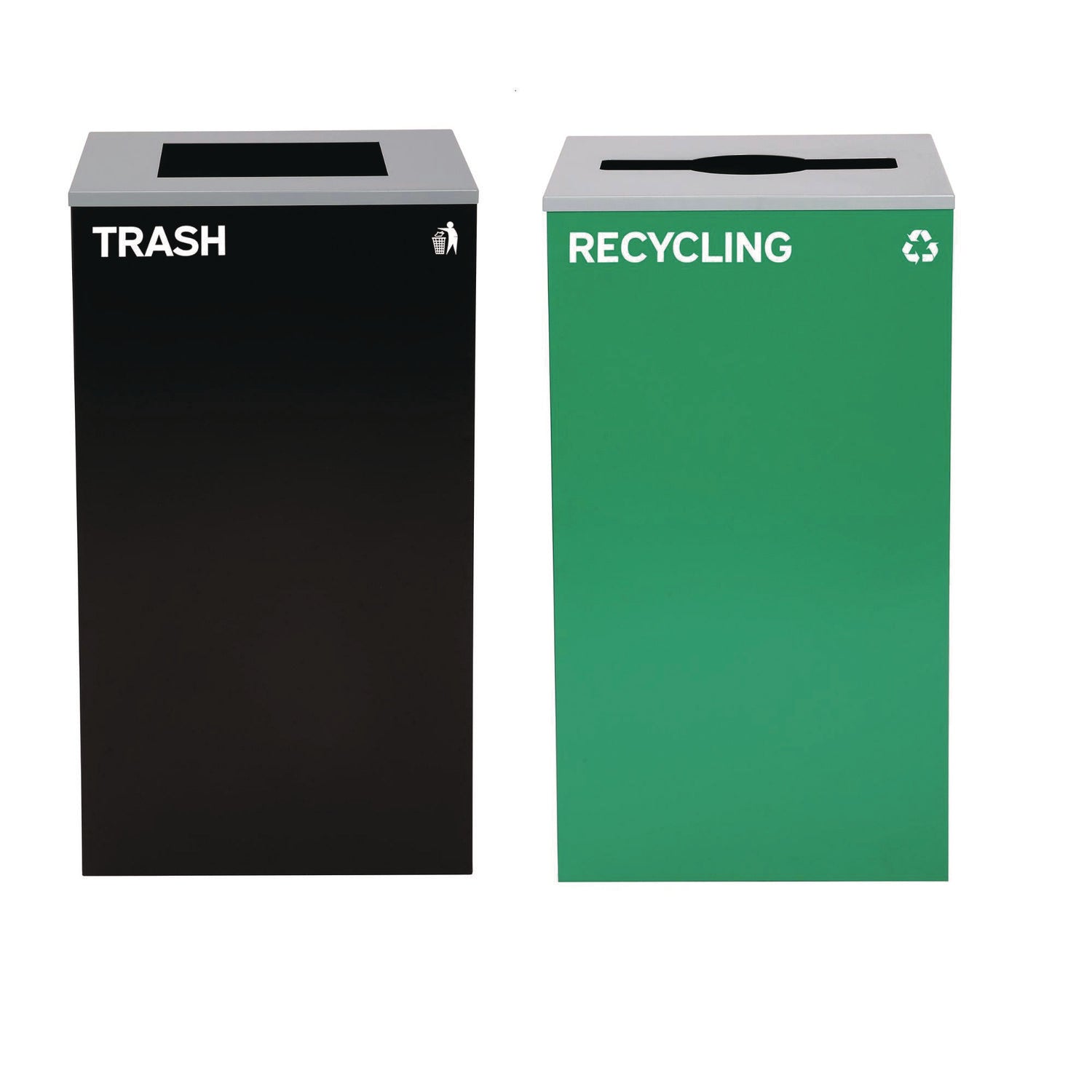 Alpine Industries 29 Gallon Steel Trash Can & Recycling Bin Set - Green Recycling Container with Mixed Lid & Black Garbage Can with Square Lid for Kitchen, Office, Garage Waste Management